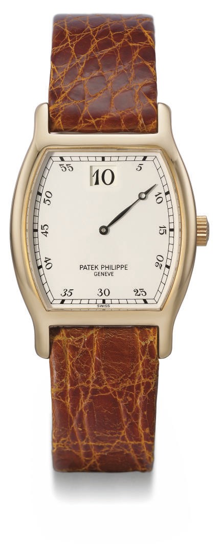 Patek Philippe. A very fine and rare 18K pink gold limited edition tonneau-shaped jump hour wristwatch, made for the company's 150th anniversary