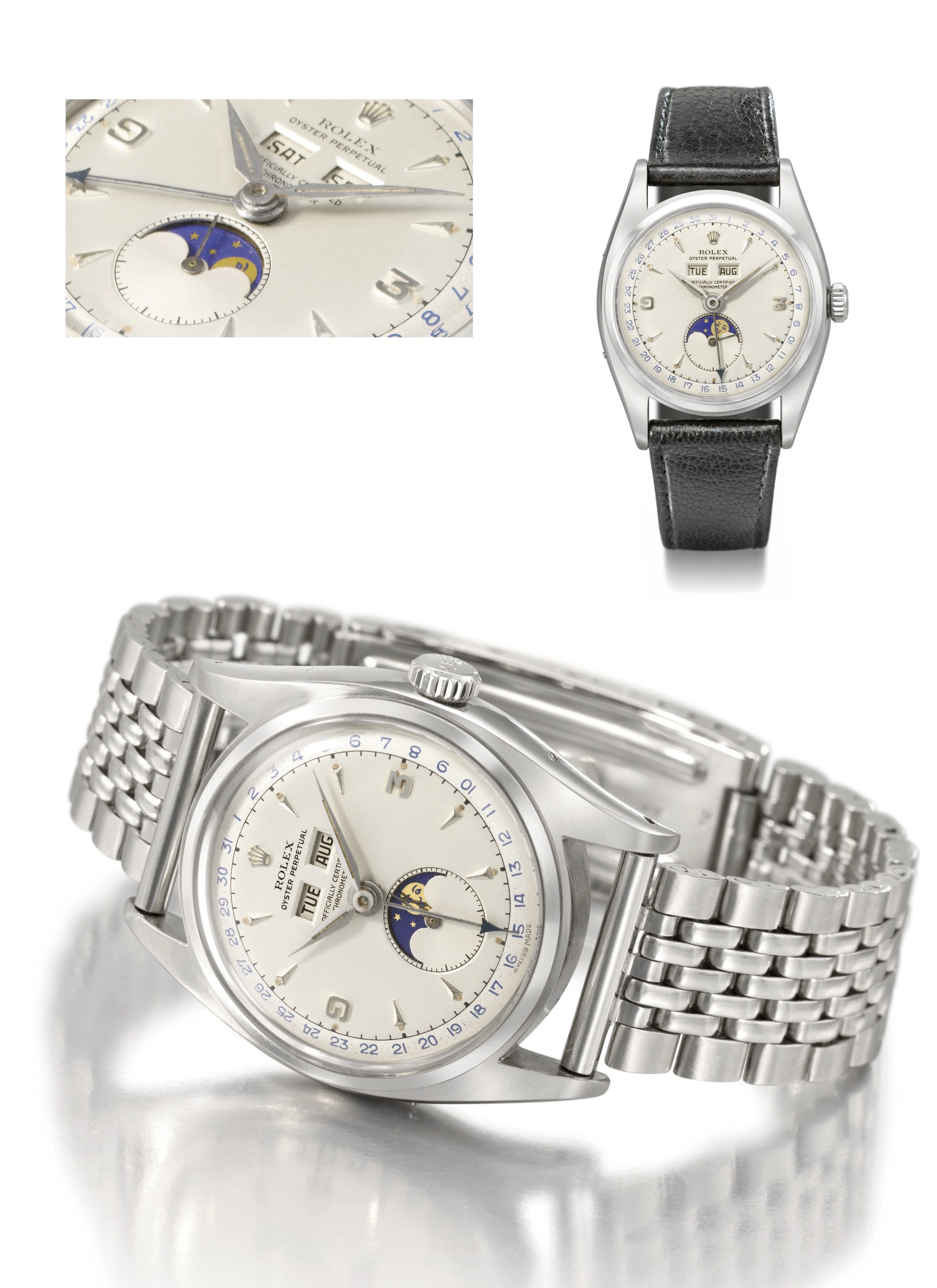 Rolex. An extremely rare and attractive stainless steel automatic triple calendar wristwatch with moon phases and two-tone silvered dial with luminous accents and hands