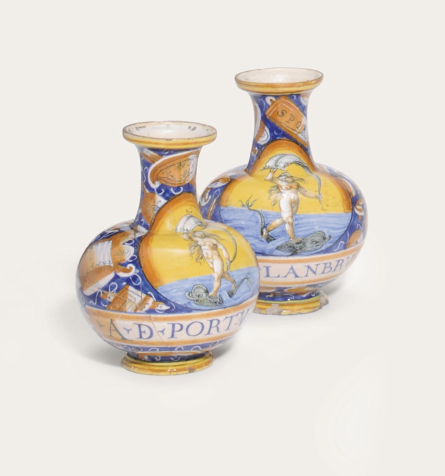A PAIR OF CASTEL DURANTE MAIOLICA GLOBULAR APOTHECARY BOTTLES