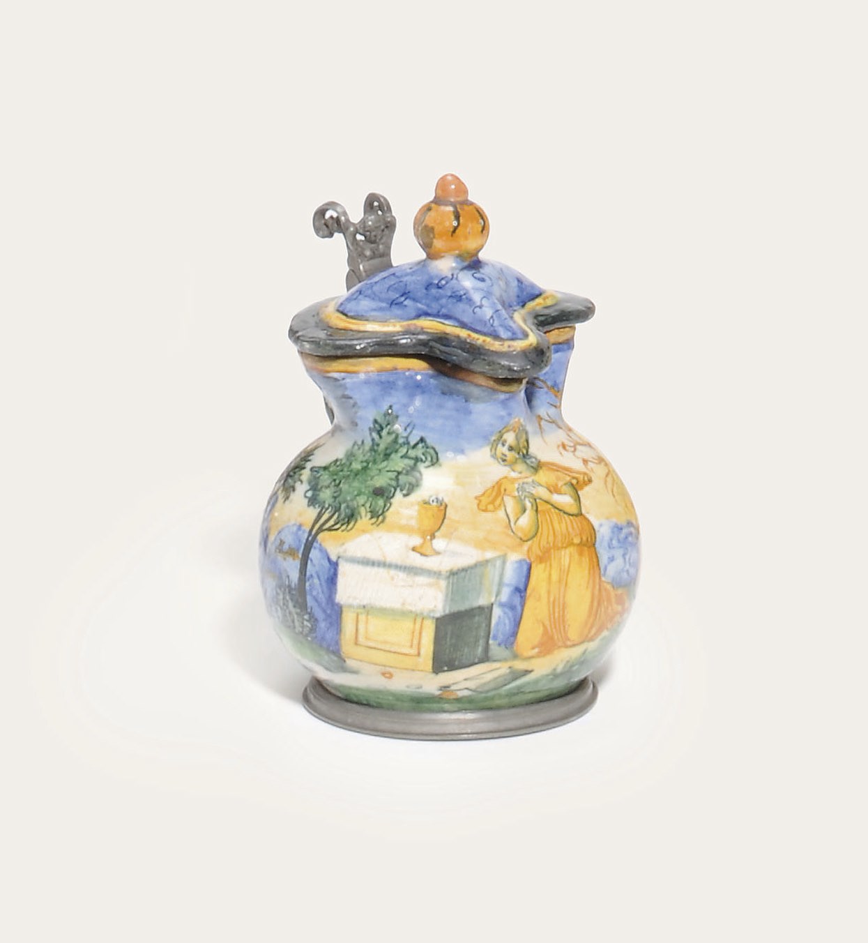 AN URBINO MAIOLICA PEWTER-MOUNTED OVIFORM JUG AND COVER