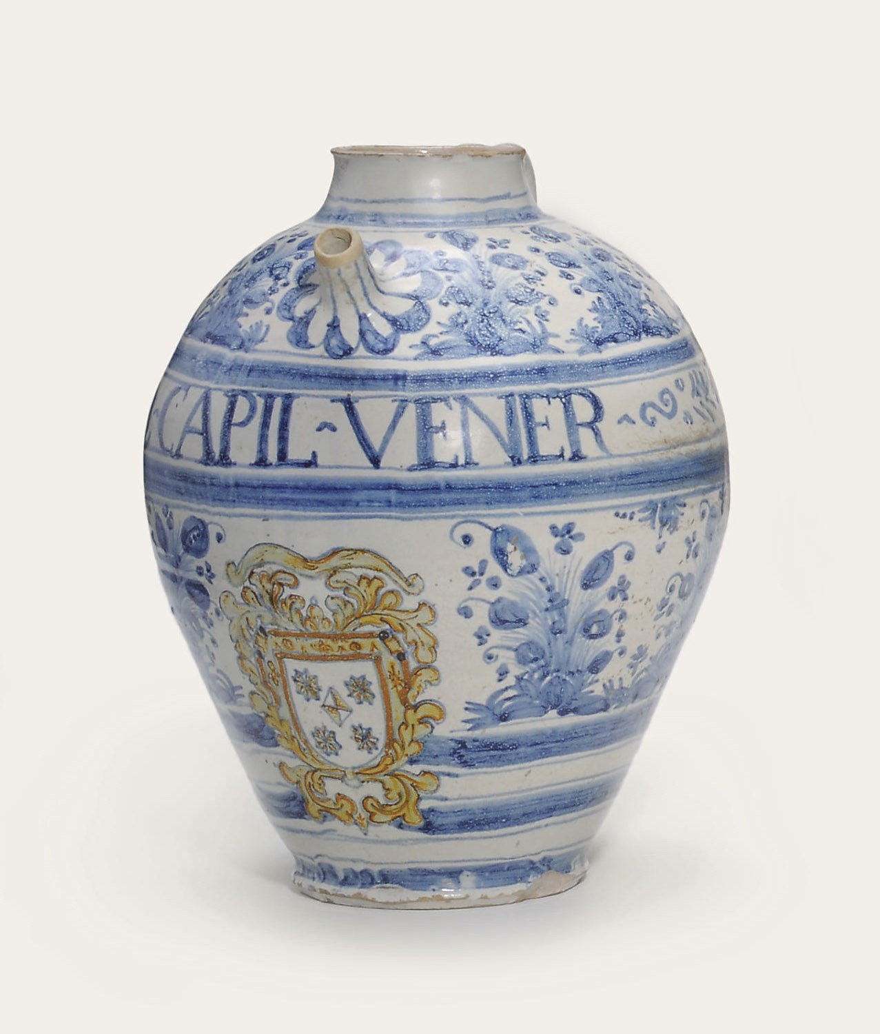 AN ITALIAN MAIOLICA ARMORIAL OVIFORM WET-DRUG JAR