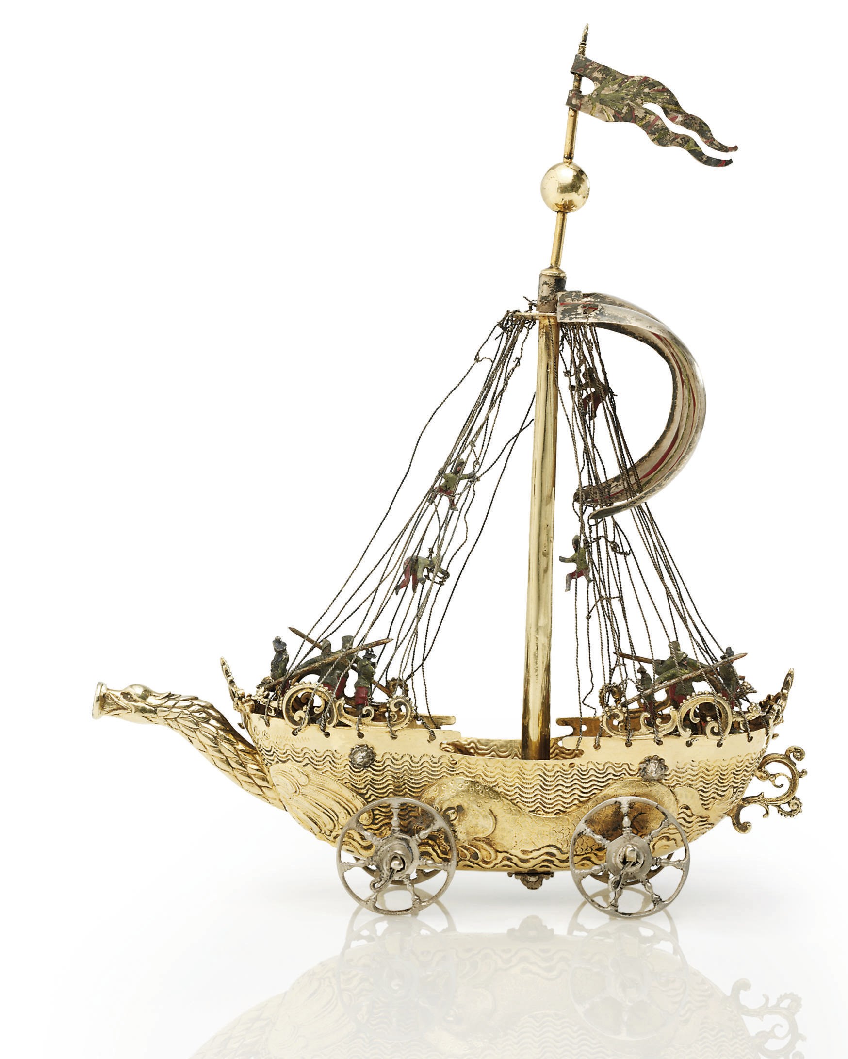 A GERMAN SILVER-GILT AND COLD-PAINTED ENAMEL NEF