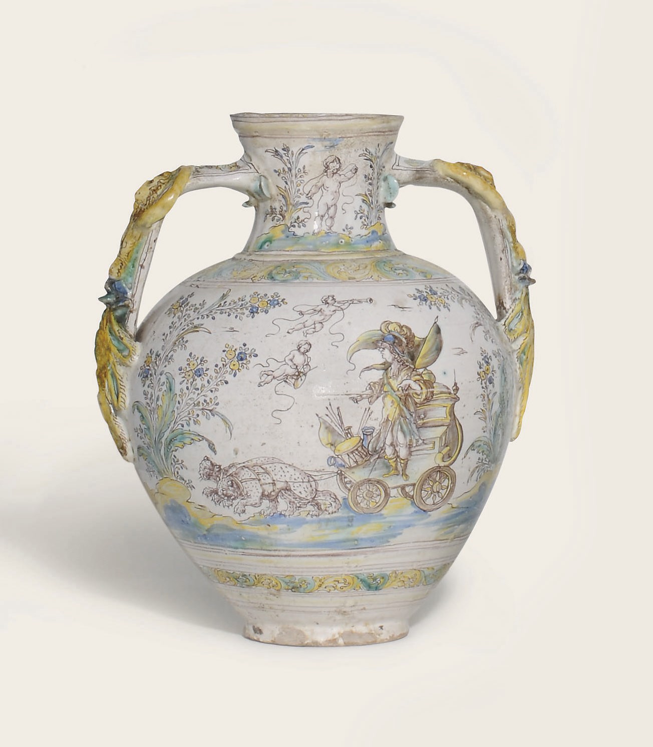 A TALAVERA MAIOLICA TWO-HANDLED OVIFORM VASE