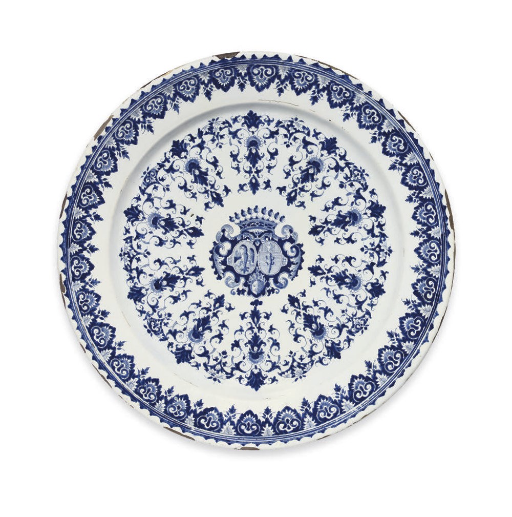 A ROUEN FAIENCE ARMORIAL BLUE AND WHITE CHARGER