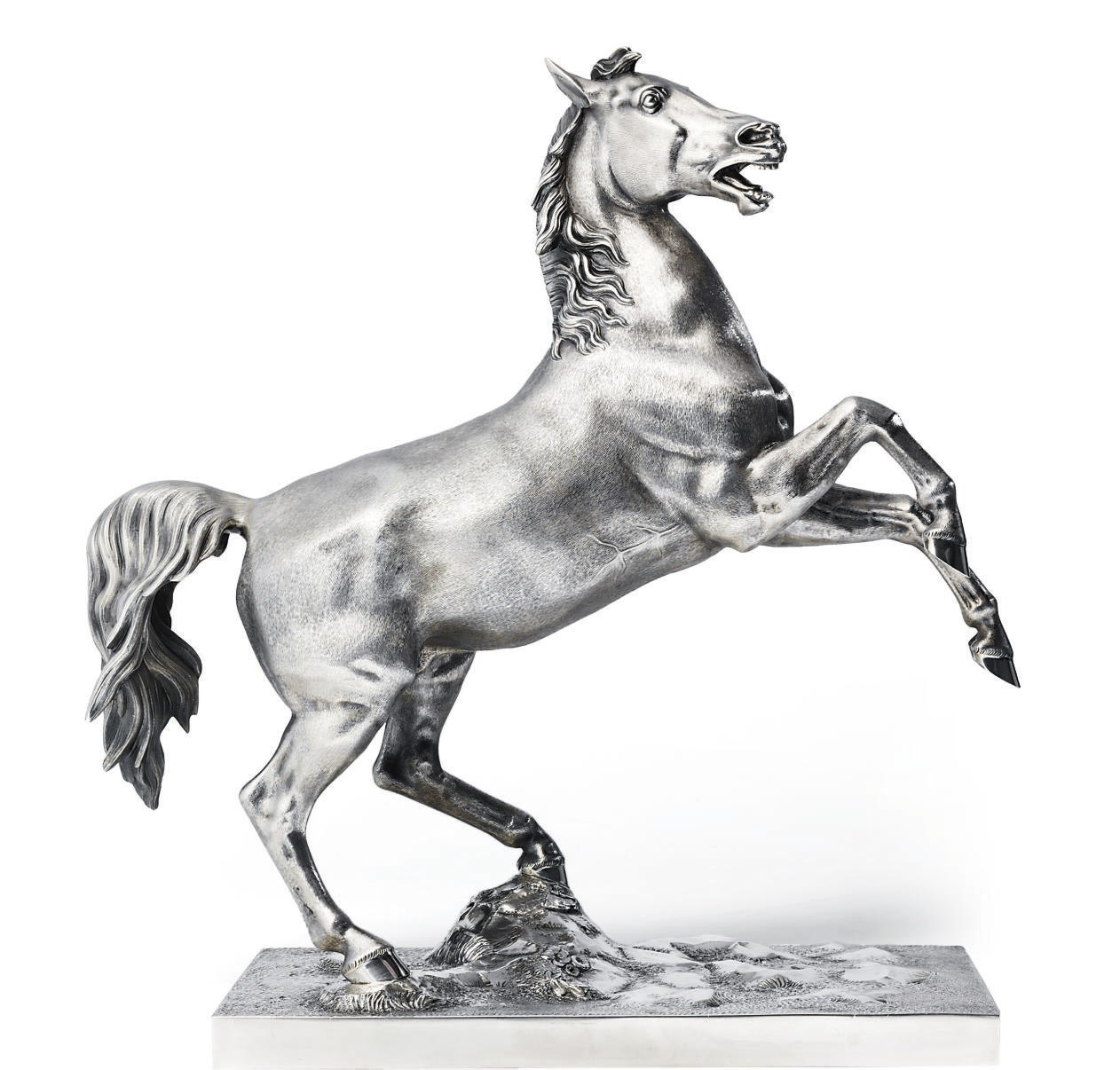 A GERMAN SILVER MODEL OF A REARING HORSE