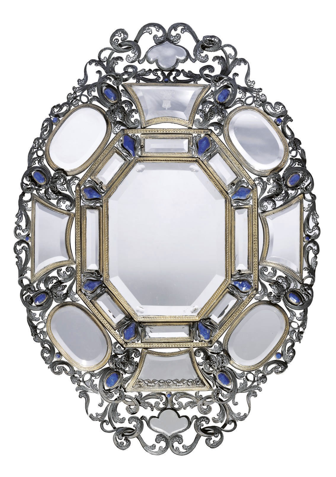 A SILVER AND LAPIS LAZULI MOUNTED ROCK-CRYSTAL TRAY
