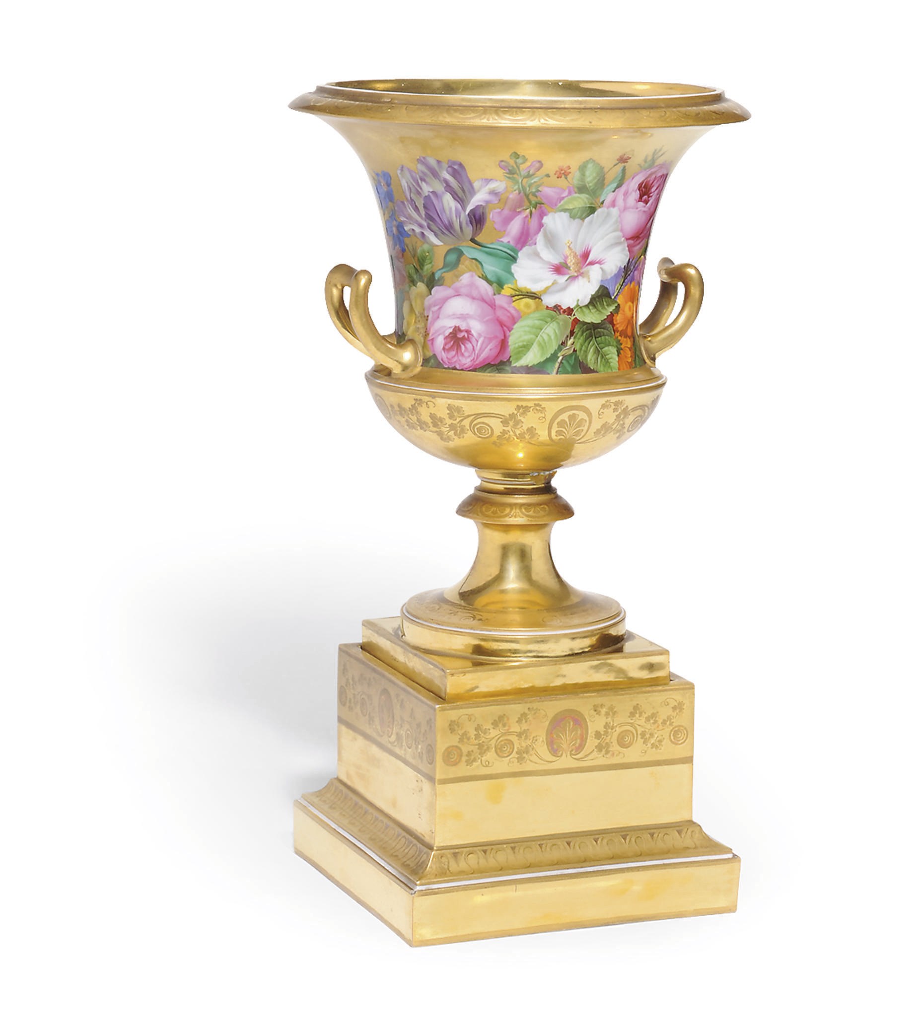 A VIENNA PORCELAIN GOLD-GROUND CAMPANA VASE AND STAND
