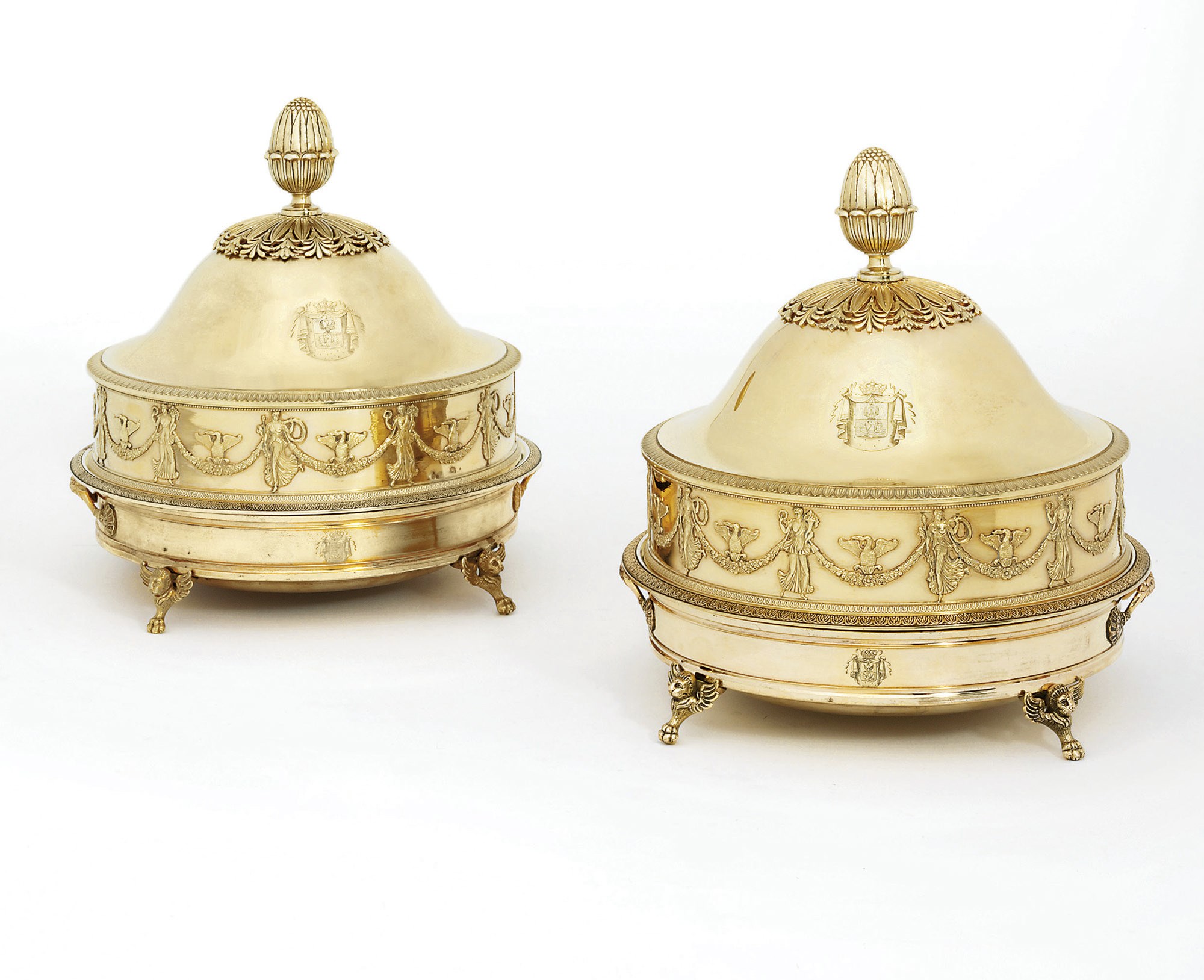 A PAIR OF FRENCH EMPIRE SILVER-GILT DISHES, COVERS AND COPPER-GILT STANDS FROM THE BORGHESE SERVICE