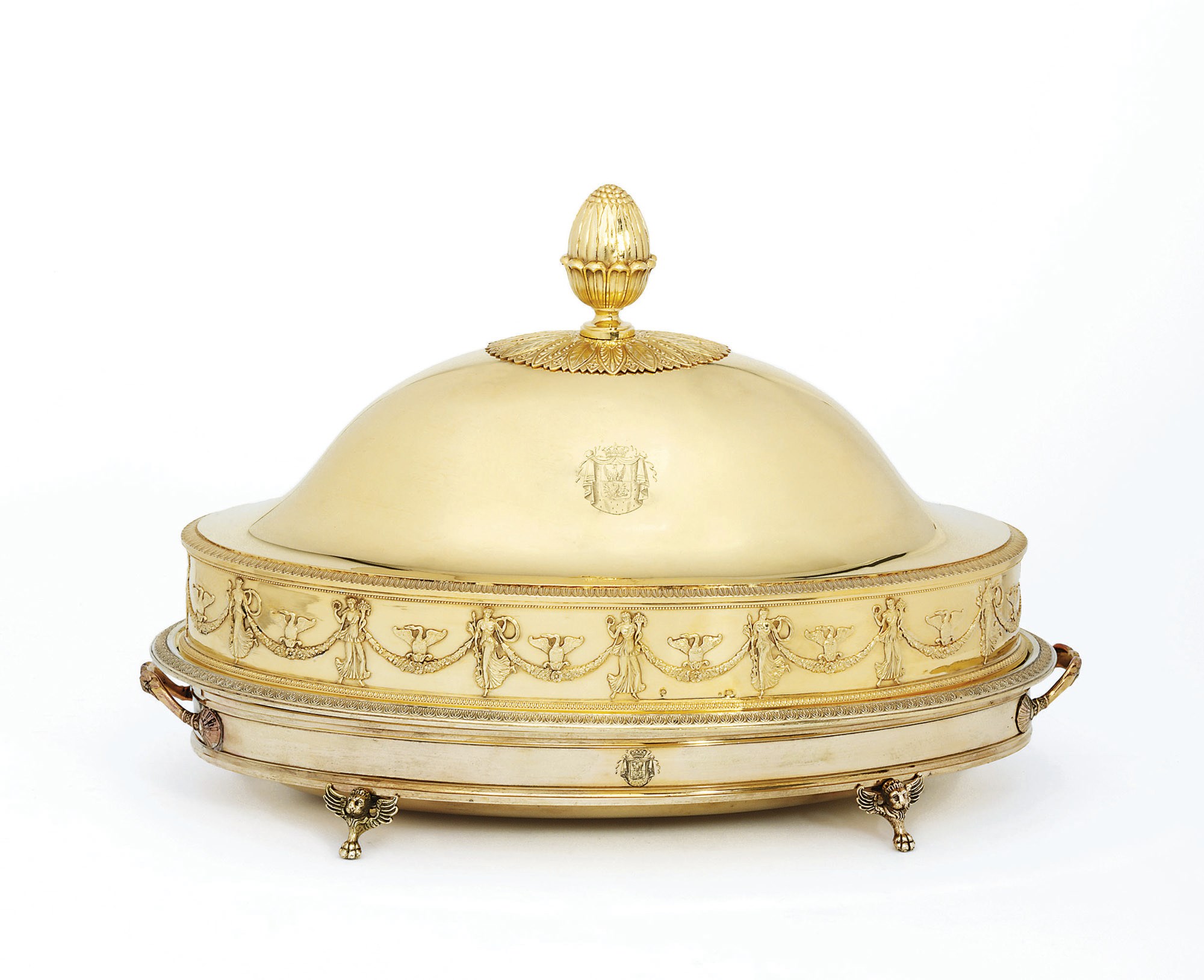 A FRENCH EMPIRE SILVER-GILT DISH, COVER AND COPPER-GILT STAND FROM THE BORGHESE SERVICE