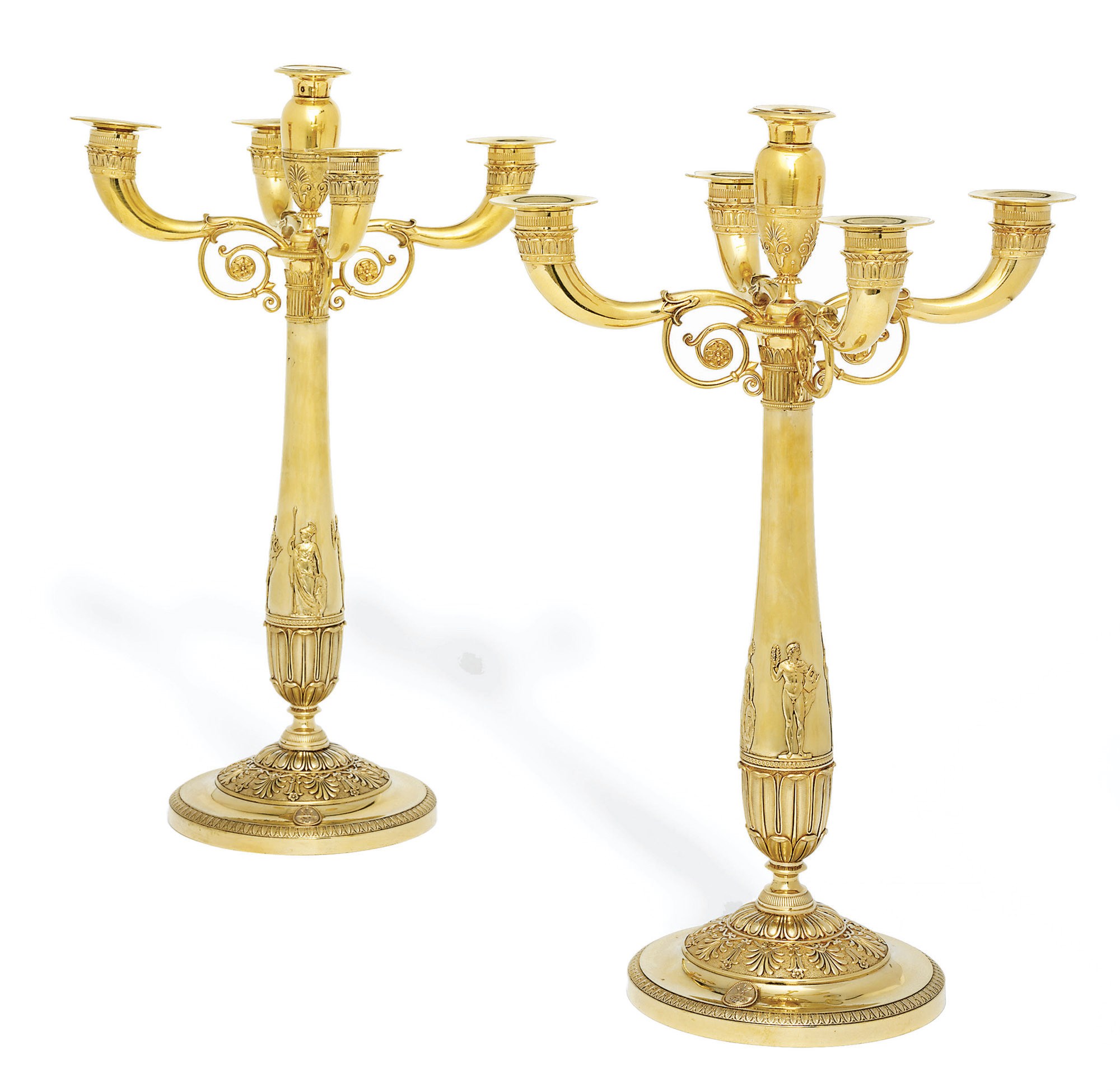A PAIR OF FRENCH EMPIRE SILVER-GILT FIVE-LIGHT CANDLEABRA FROM THE BORGHESE SERVICE