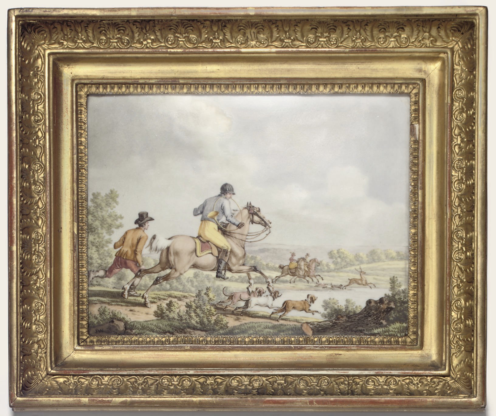A FRENCH PORCELAIN RECTANGULAR EQUESTRIAN PLAQUE