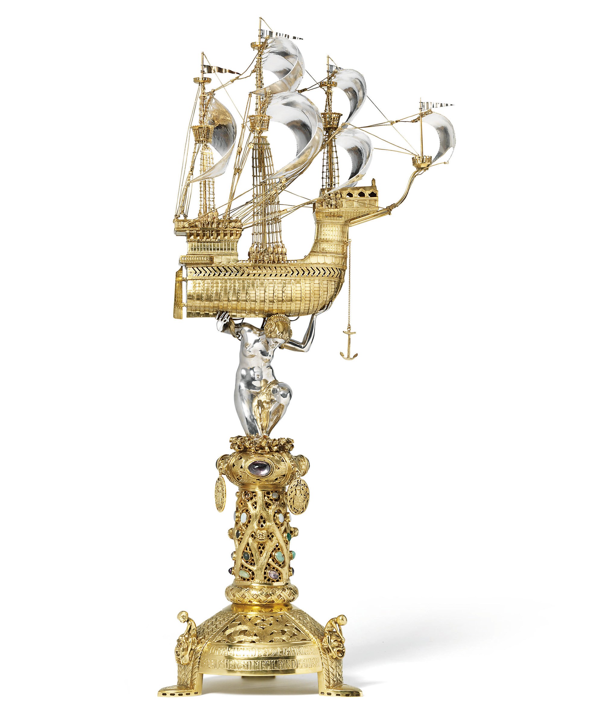 A GERMAN PARCEL-GILT SILVER AND GEM-SET CENTREPIECE FORMED AS A NEF