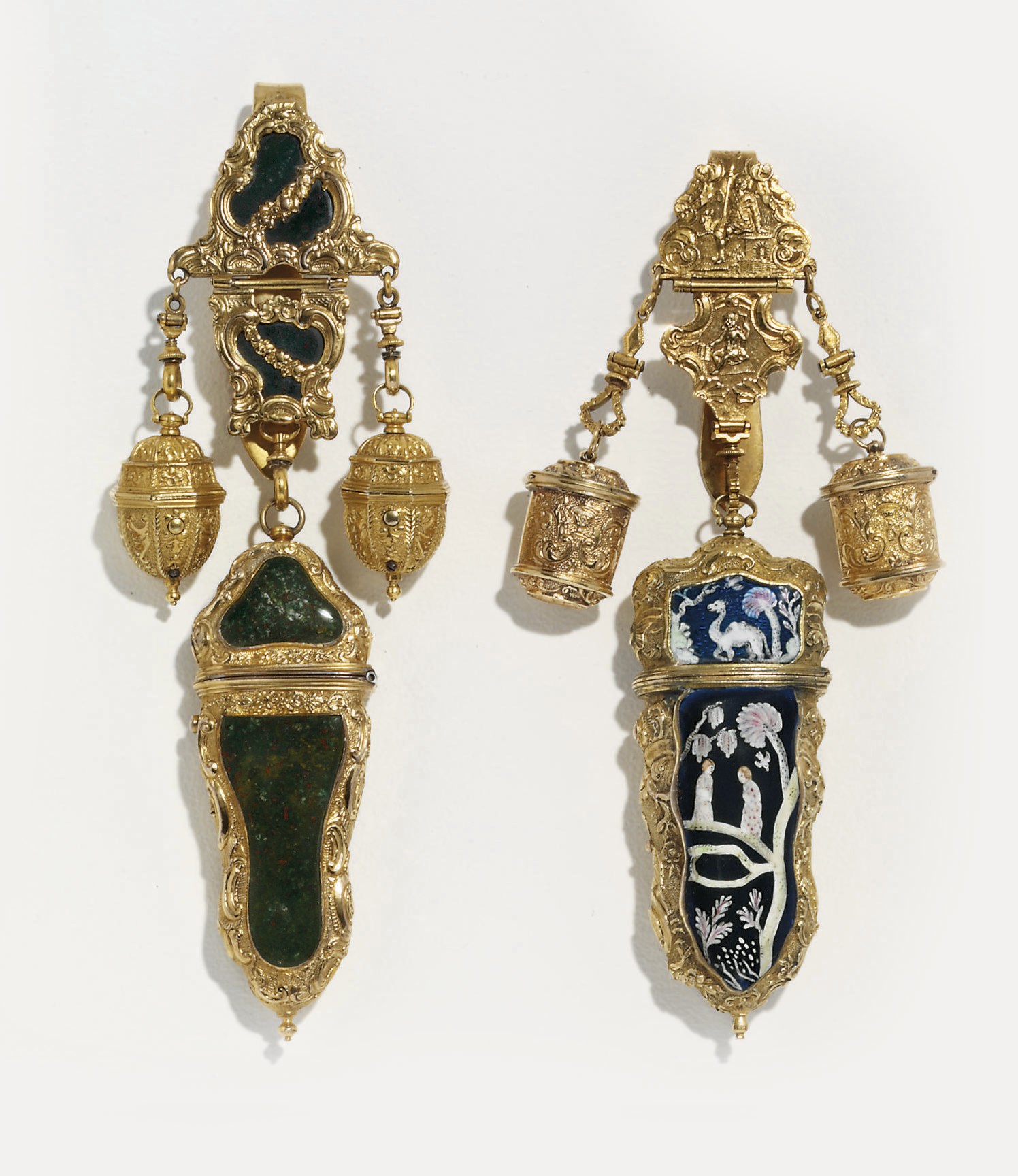 TWO GEORGE II PINCHBECK-MOUNTED ENAMEL AND HARDSTONE CHÂTELAINES WITH NÉCESSAIRES