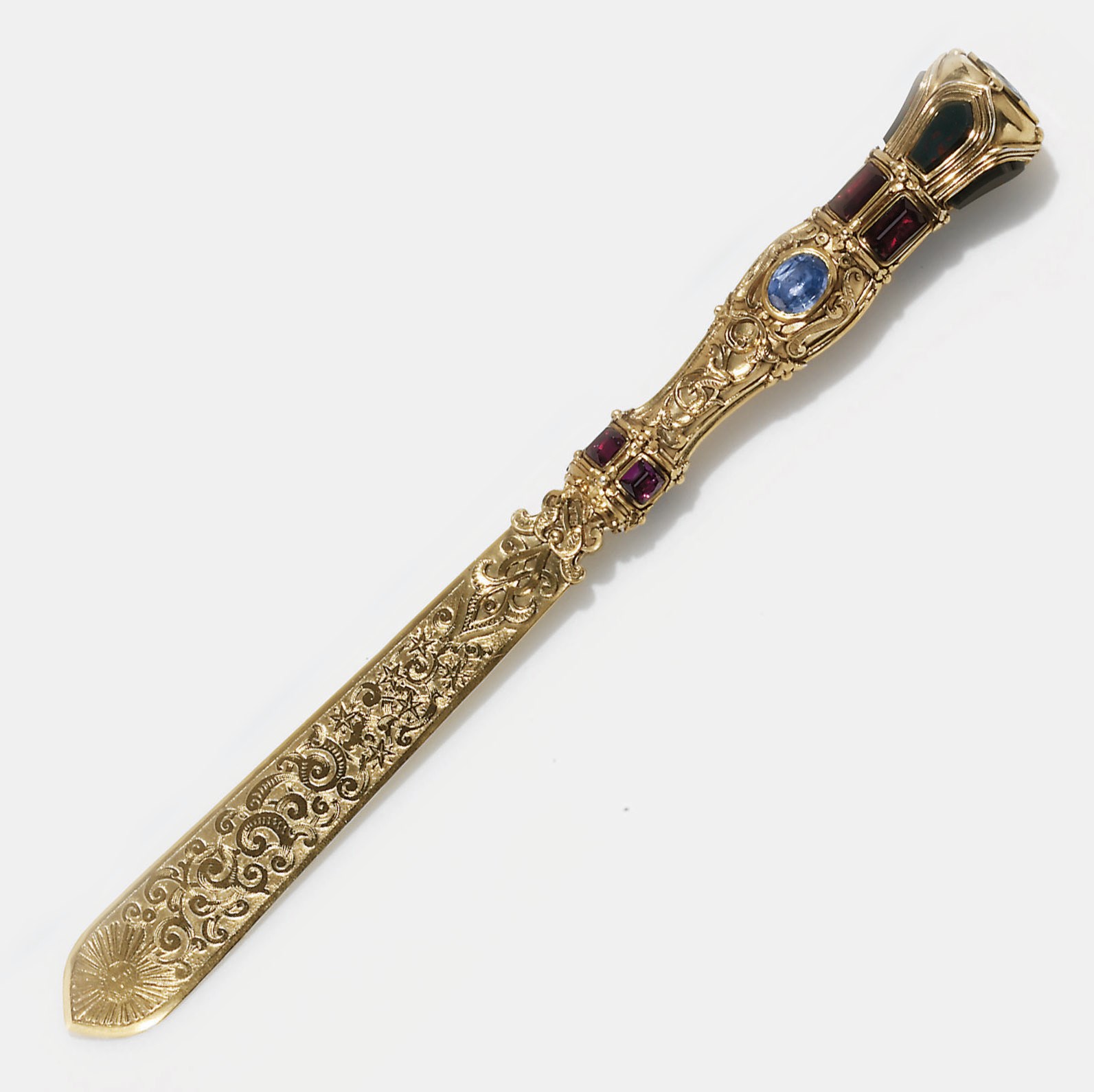 A NAPOLEON III SILVER-GILT AND HARDSTONE PAPER KNIFE