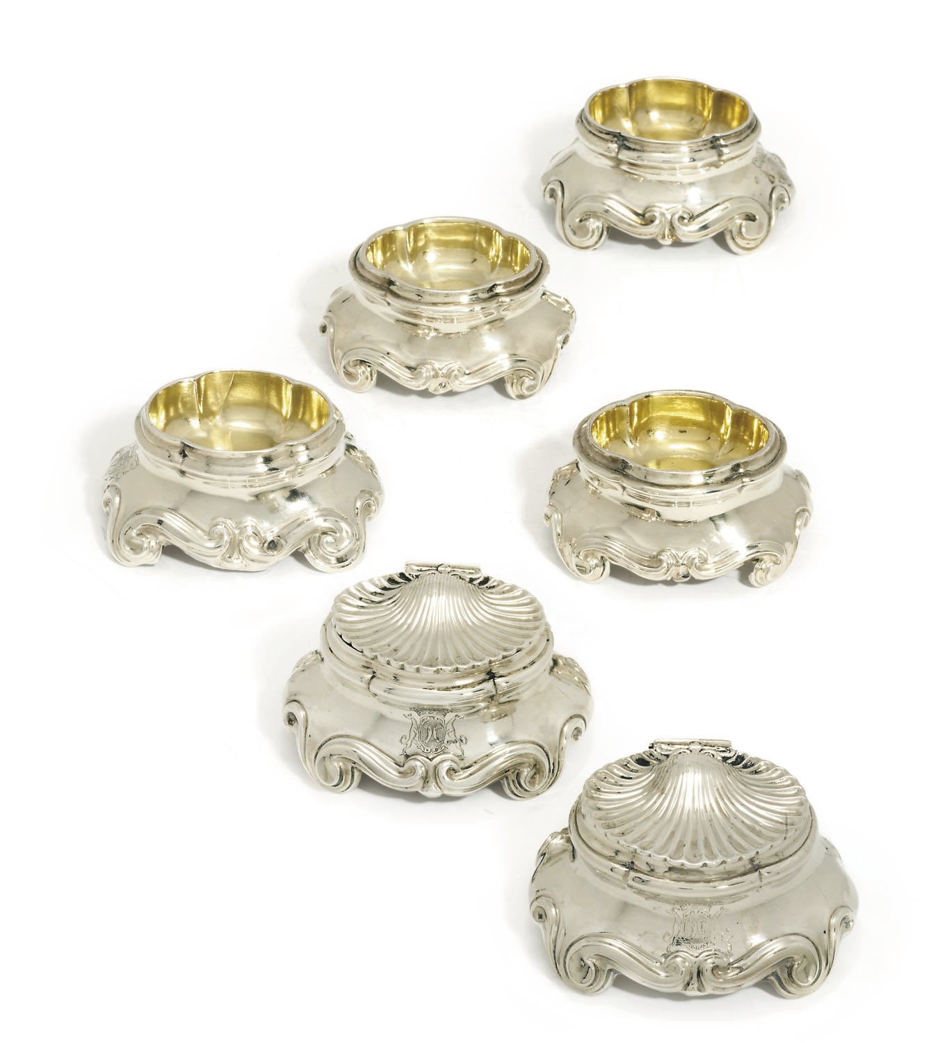 THREE PAIRS OF LOUIS XV SILVER SALT-CELLARS
