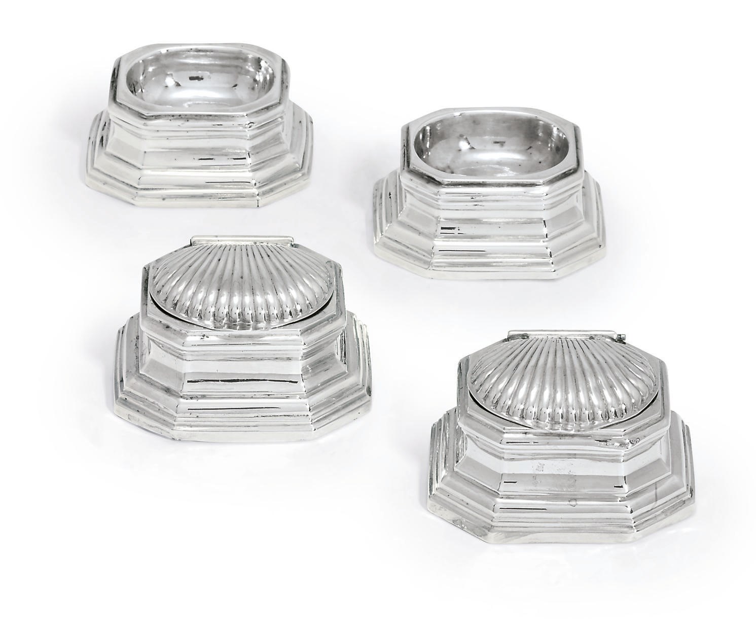 TWO PAIRS OF LOUIS XV SILVER TRENCHER-SALTS
