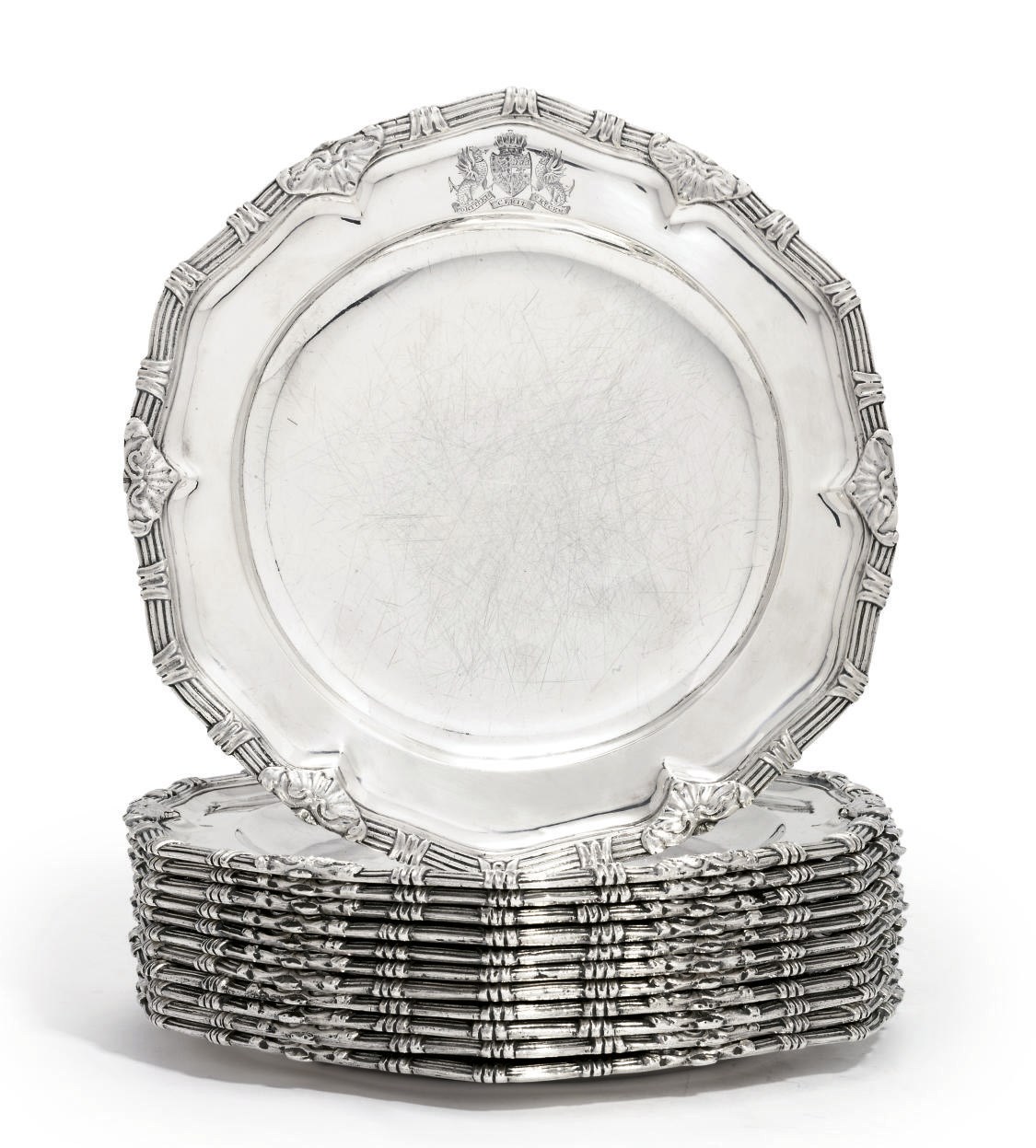 A SET OF TWELVE GEORGE III SILVER DINNER-PLATES