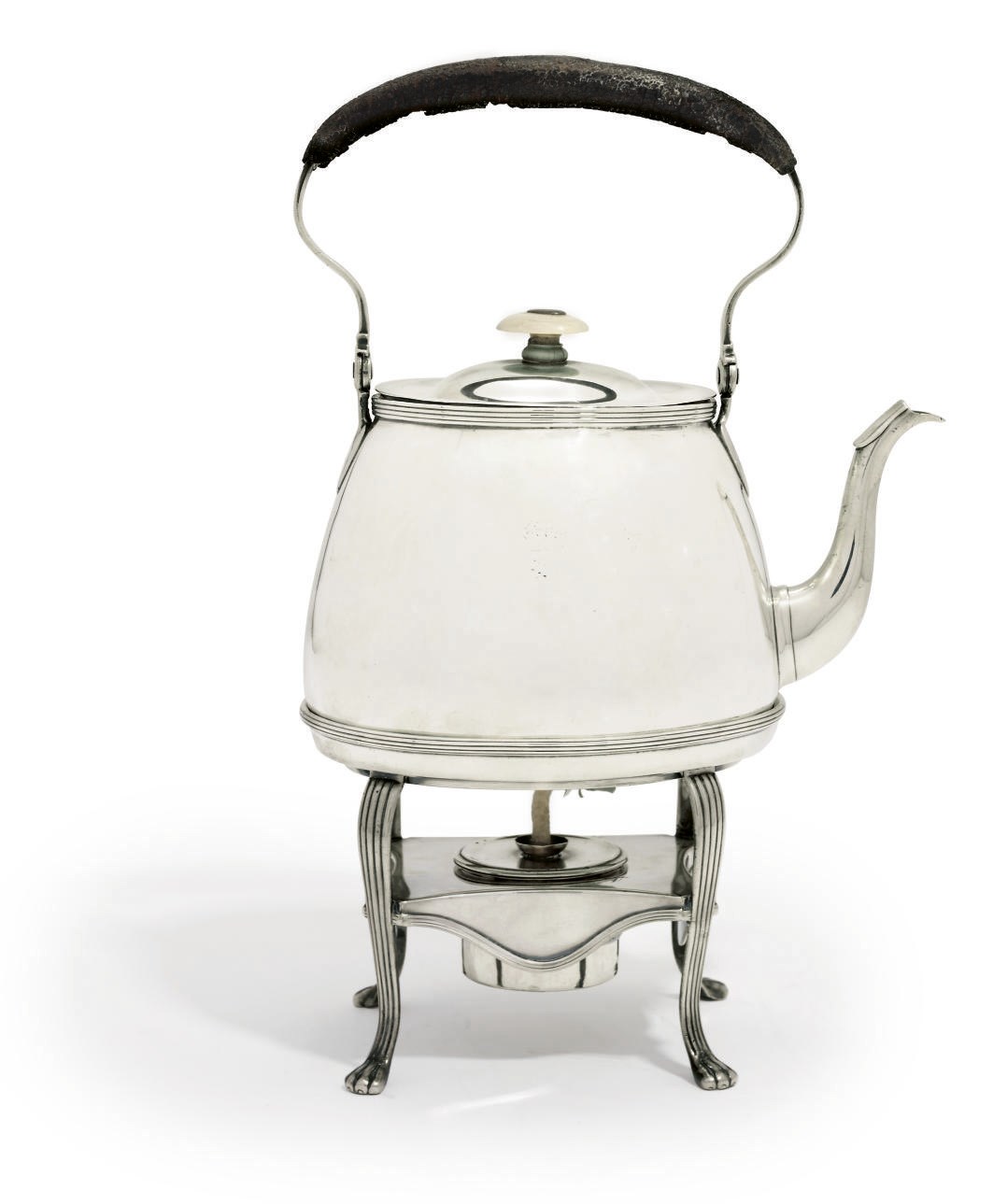 A GEORGE III SILVER KETTLE, STAND AND LAMP