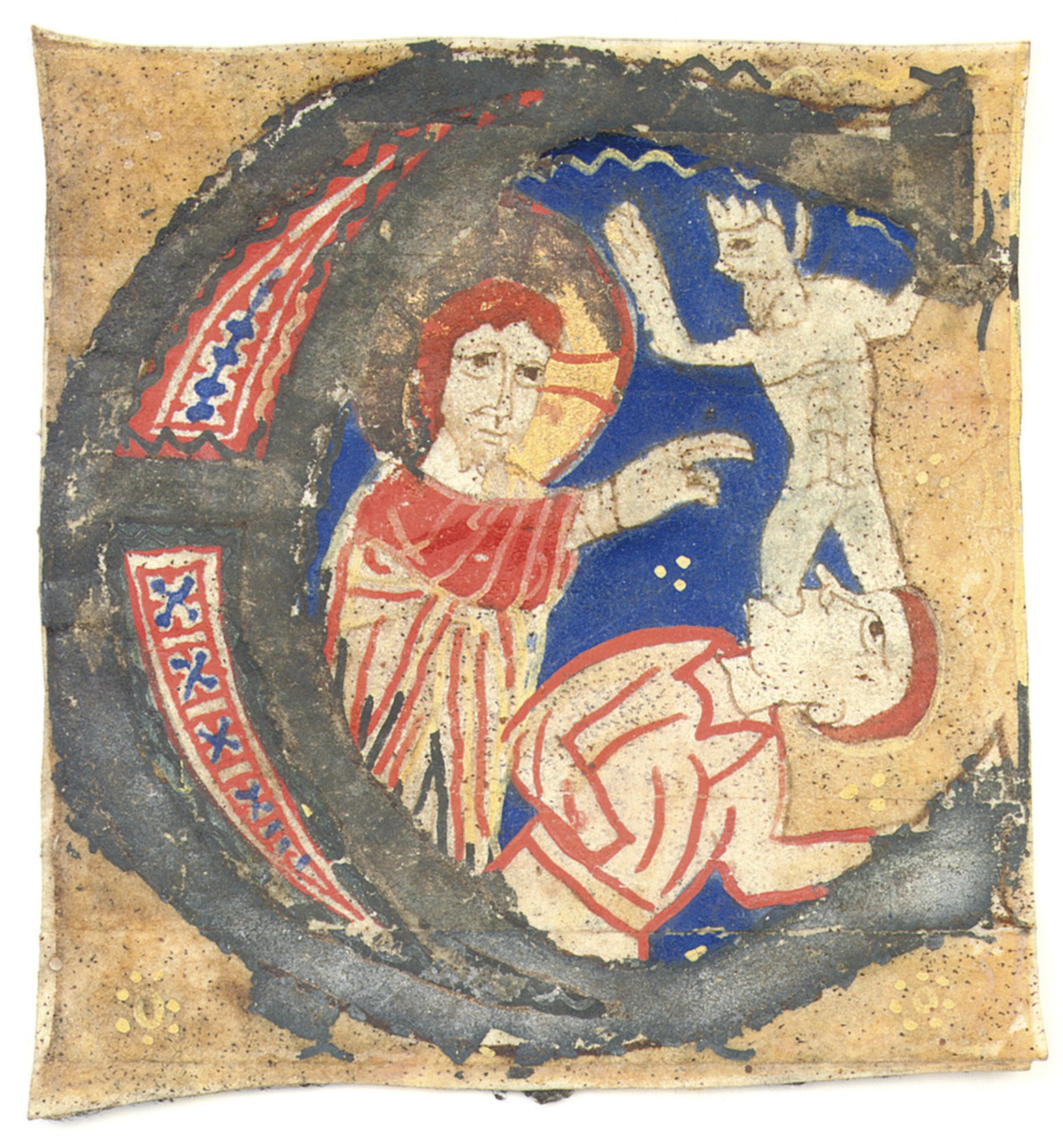 CHRIST EXPELLING A DEMON from a blind and dumb man, historiated initial 'C' cut from St Augustine of Hippo (354-430), Sermons, ILLUMINATED MANUSCRIPT ON VELLUM