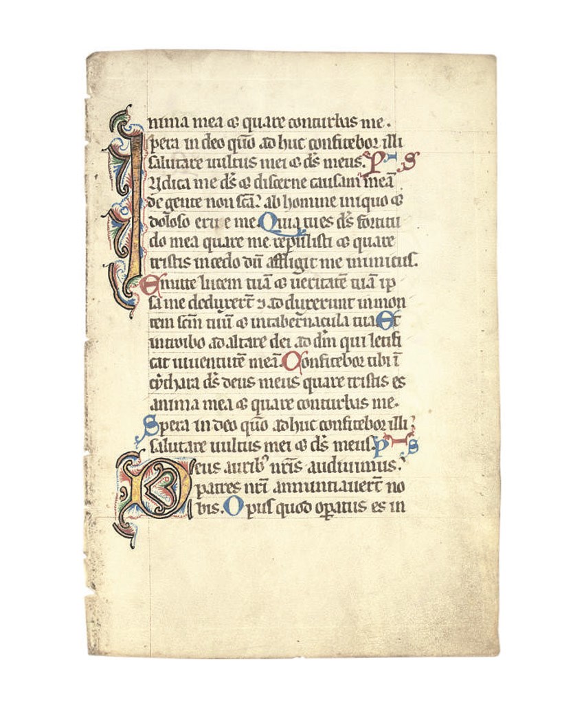 A COLLECTION OF LEAVES FROM DECORATED OR ILLUMINATED MANUSCRIPTS ON VELLUM OR PAPER, comprising: a leaf from a Psalter, [Germany, early 13th century], 225 x 153mm, with two burnished gold initials with blue, green and red decoration, with text from Psalms 42 and 43; three leaves from 13th-century bibles, one with burnished gold initial (and an initial excised); a leaf from a Book of Hours [France, 15th century], 122 x 93mm, initials in burnished gold with black penwork decoration; a leaf from an Armenian manuscript on paper [early 18th century], 380 x 255mm, written in a bolorgir hand, with headpiece and initial in wash; and three others. Together with: a leaf from the Ninth German Bible, Nuremberg: Anton Koberger, 1483 with contemporary hand-coloured woodcut, and another printed leaf. All mounted on card, some WITH LABELS OF OTTO F. EGE (1888-1951). 	 (11)