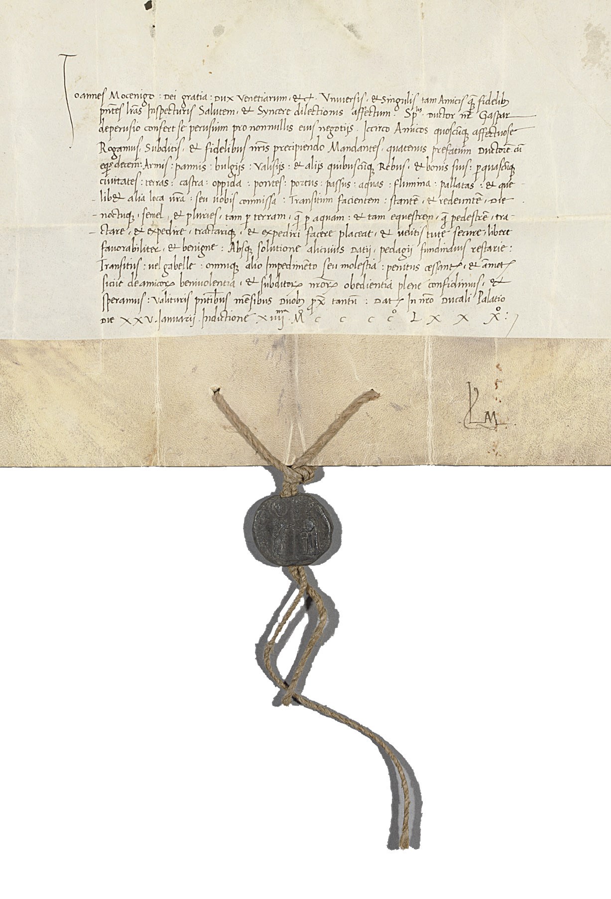 VENICE. Document of Giovanni Mocenigo as Doge of Venice (1409-1485, Doge from 1478), Dogal Palace, Venice, 25 January 1480, a passport for his 'ductor' [waggoner], Gaspar of Perugia, who is going to Perugia 'pro nonnullis eius negotiis', asking that he be given free passage with ten horses, his arms, and all his baggage, in Italian on vellum, 14 lines on one membrane, 190 x 315mm, Giovanni's dogal seal in lead.