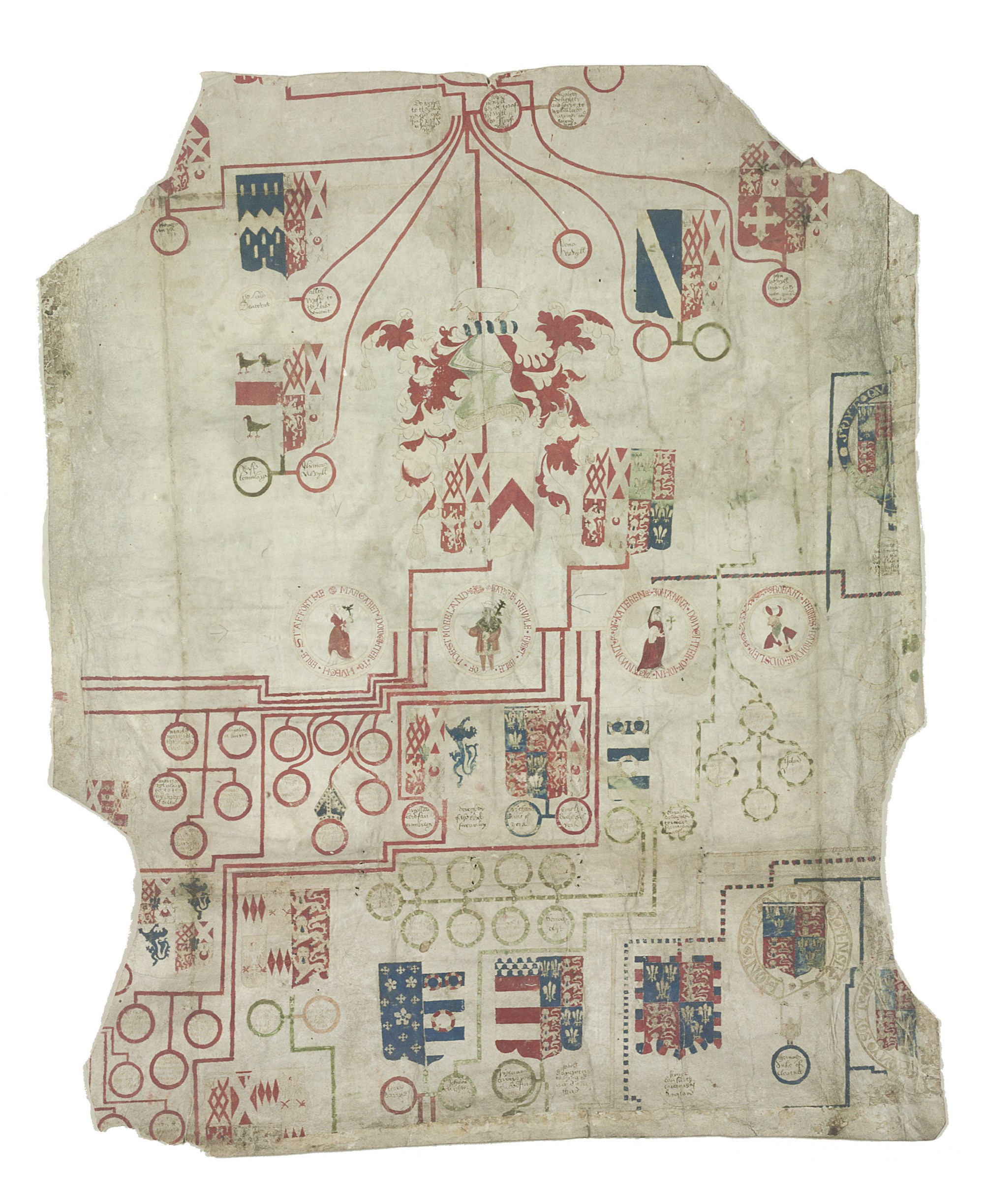 ARMORIAL GENEALOGY OF THE NEVILLE EARLS OF WESTMORLAND, in English, DECORATED MANUSCRIPT ON VELLUM, [England, 16th century]