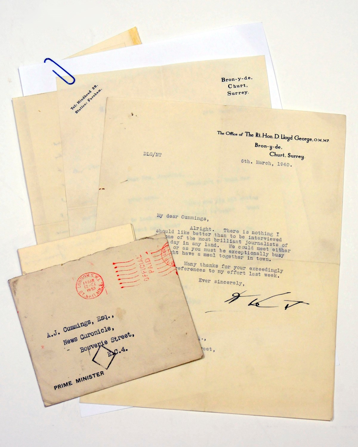 AUTOGRAPH COLLECTION. A group of seven letters to Arthur John Cummings (political editor of the News Chronicle) and others, the signatories including Winston CHURCHILL (typed letter signed, 12 October 1953, expressing thanks), David LLOYD GEORGE (two typed letters signed, 27 March 1934 and 6 March 1940, 'there is nothing I should like better than to be interviewed by one of the most brilliant journalists of this day in any land'), and letters to Cummings's mother (the writer W.N.P. Barbellion) from H.G. Wells, J.M. Barrie and Arnold Bennett, 1925, supporting her application for her daughter to attend Christ's Hospital for Girls, and from J.M. Barrie to Mrs A.J. Cummings, 1939 (the letters from J.M. Barrie and Arnold Bennett torn through and repaired with tape). Provenance: by descent from A.J. Cummings. 	 (7)