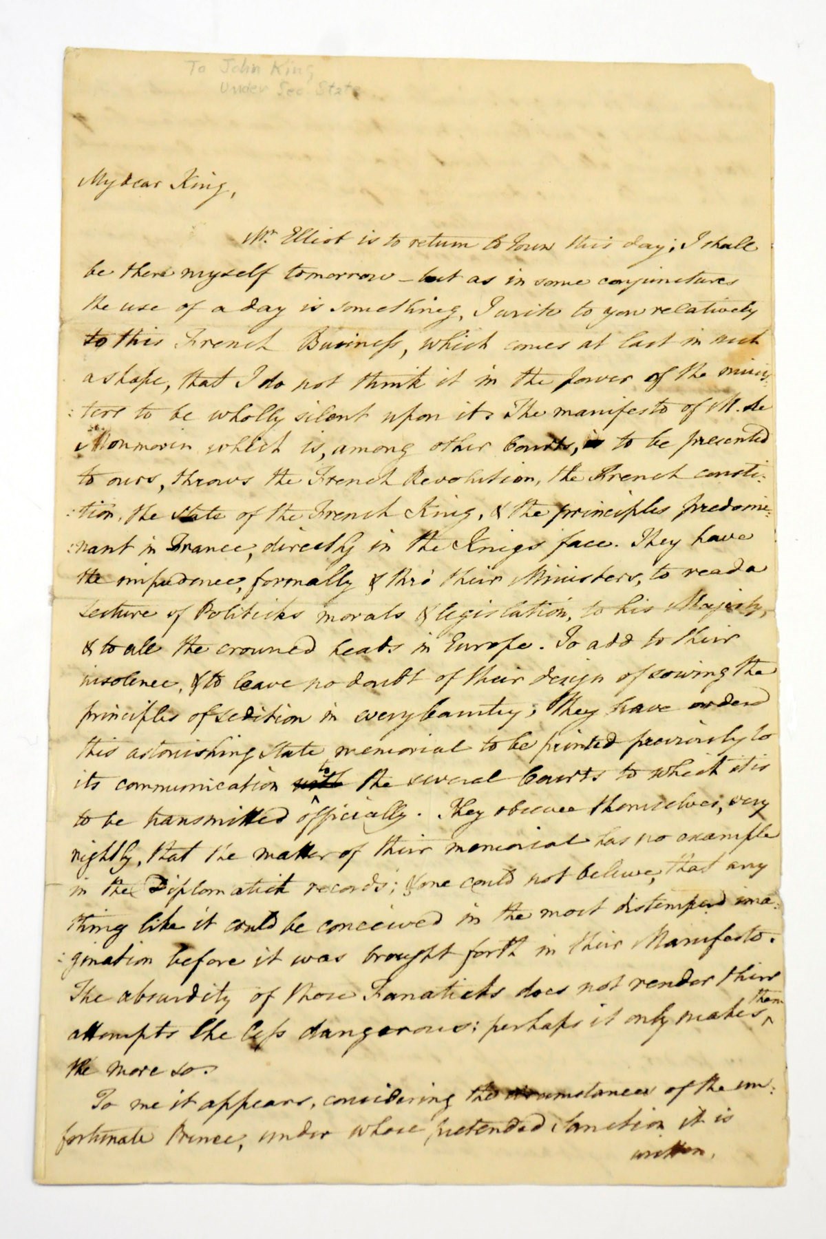 BURKE, Edmund (1727-1797). Autograph letter signed ('Edm. Burke') to John King, n.p., 1 May 1791, 4 pages, folio, on a bifolium.