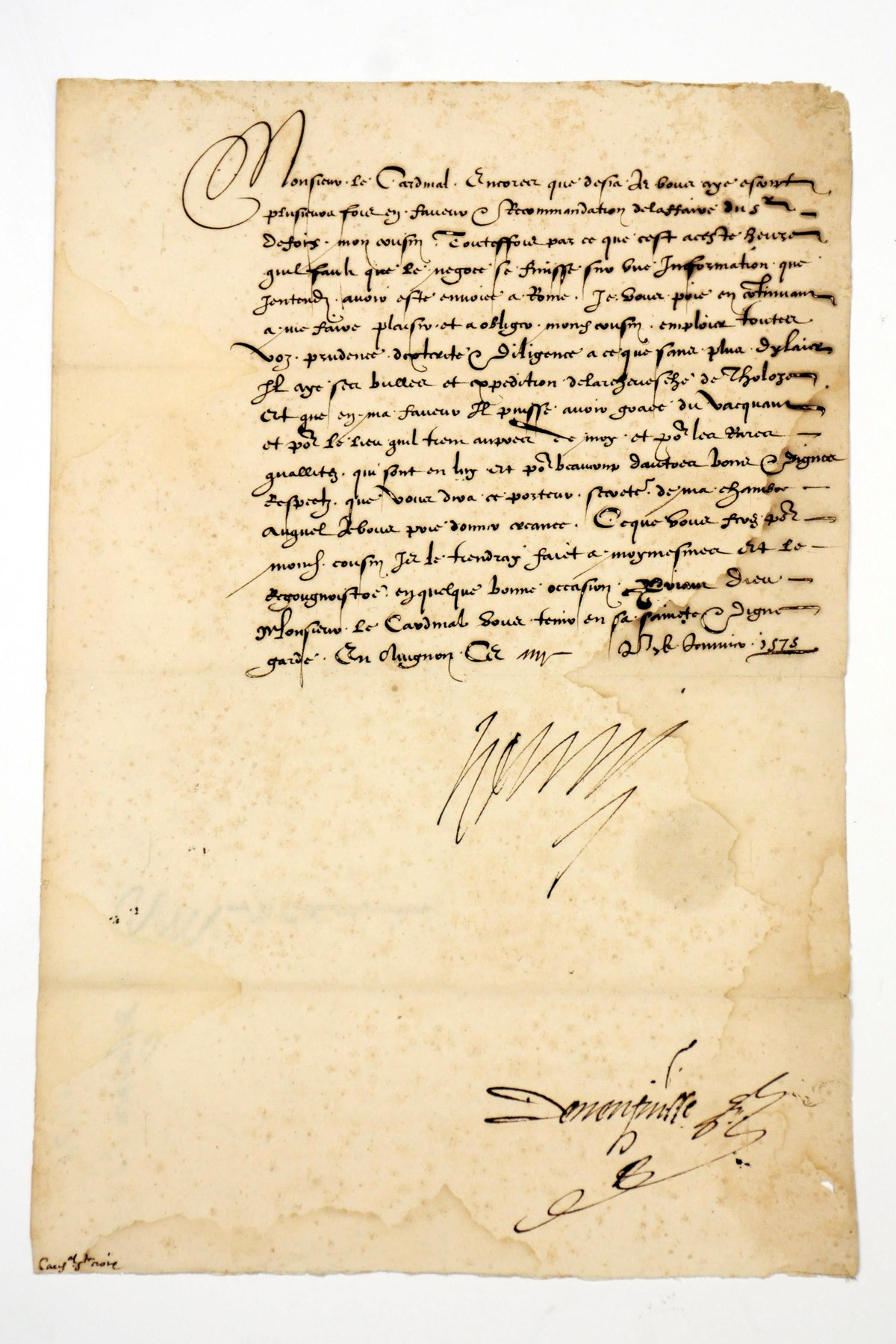 CATHERINE DE MEDICIS (1519-1589), Queen of Henri II of France, mother of François II, Charles IX and Henri III. Letter signed to [Raimond de Veccarie de Pavie, baron] de Fourquevaux, the French ambassador in Spain, Saint Ligier, 2 May [1571], quashing rumours of Charles IX's warlike intentions, emphasising his desire to remain at peace with the Philip II of Spain, and sending congratulations on the news of the Queen's pregnancy, one page, folio, address leaf, traces of seal, contemporary dockets;