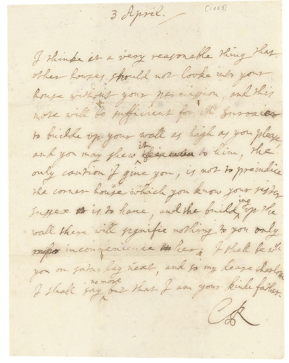 CHARLES II (1630-1685), King of England, Scotland and Ireland. Autograph letter signed ('your kind father  C.R.') to [his illegitimate daughter Charlotte, Countess of Lichfield], n.p., 3 April [1683], one page, 4to, autograph address leaf, red wax seal.