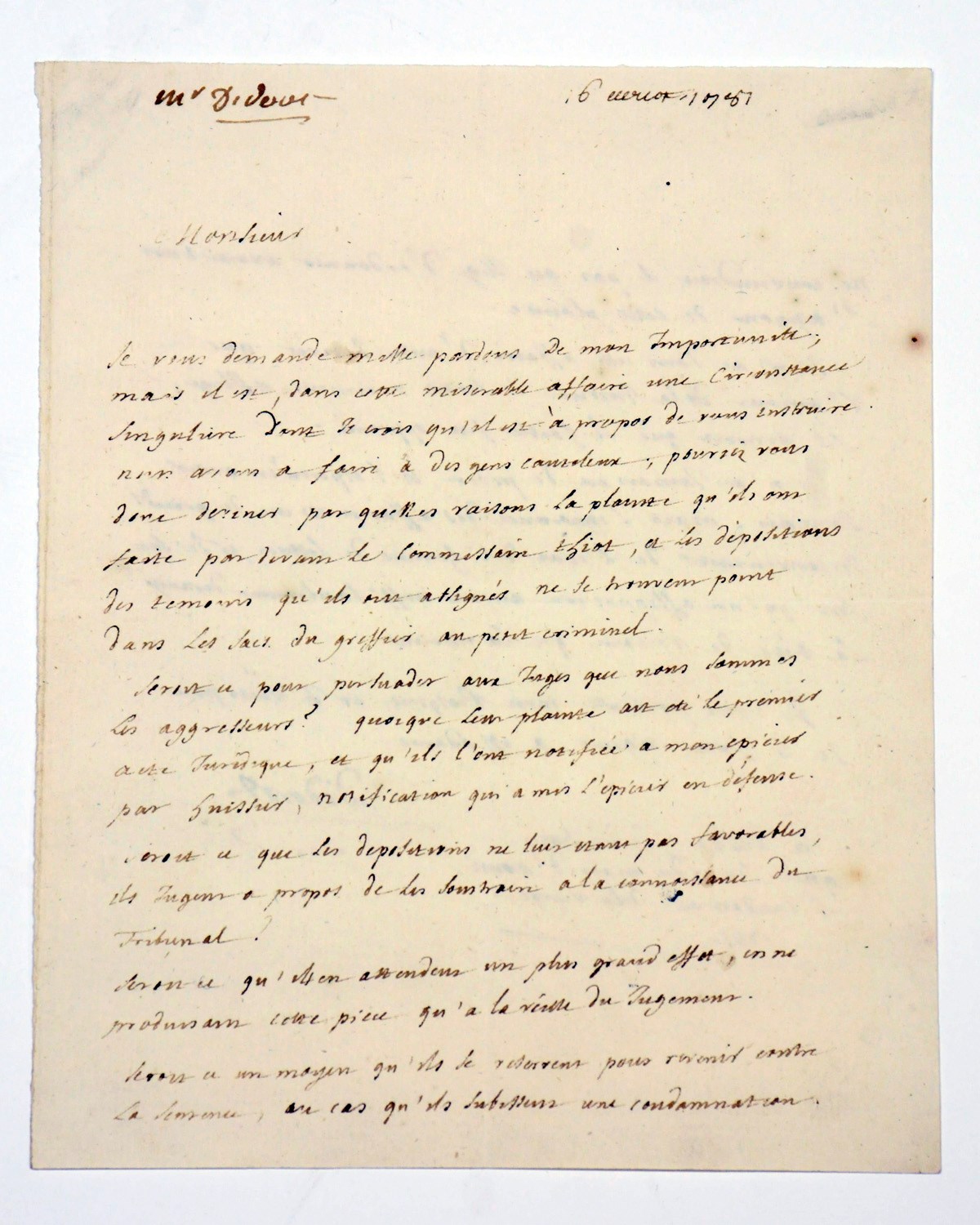 DIDEROT, Denis (1713-1784). Autograph letter signed to an unidentified correspondent [Monsieur d'Hornoy?], n.p., 'ce jeudi, je ne scais quel jour du mois d'aoust, le lendemain de la vierge' [i.e. 16 August] 1781, 2 pages, 8vo.