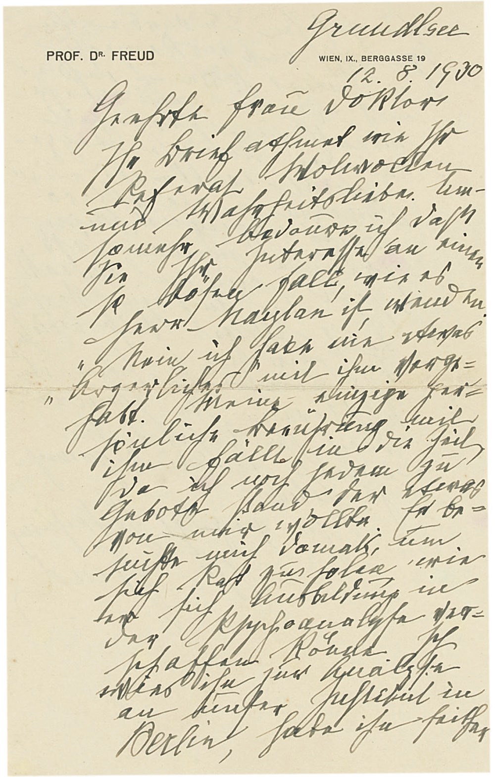 FREUD, Sigmund (1856-1939). Autograph letter signed ('Freud') to Dr Else Meidner, Grundlsee, 12 August 1930, 2 pages, 8vo, envelope; with an English translation.