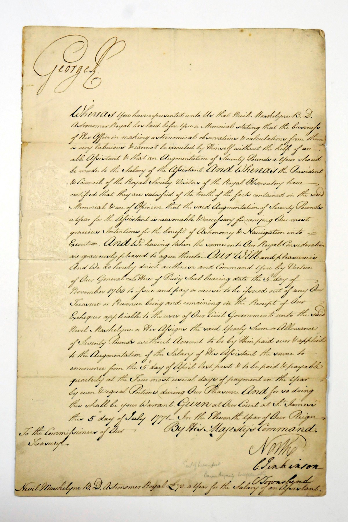 GEORGE III (1738-1820), King of the United Kingdom of Great Britain and Ireland. Autograph letter signed to his son Frederick, Duke of York, Weymouth, 12 August 1796, approving Frederick's actions in a number of matters relating to the armed forces, one page, 4to, with a copy of Frederick's letter of 10 August; with a document signed and a letter signed, the first a warrant to pay the salary of an assistant to Nevil Maskelyne, the Astronomer Royal, 5 July 1771, the second a letter signed (with a scrawl) to Mr Ryder, 5 June 1810, together two page, 4to and folio;