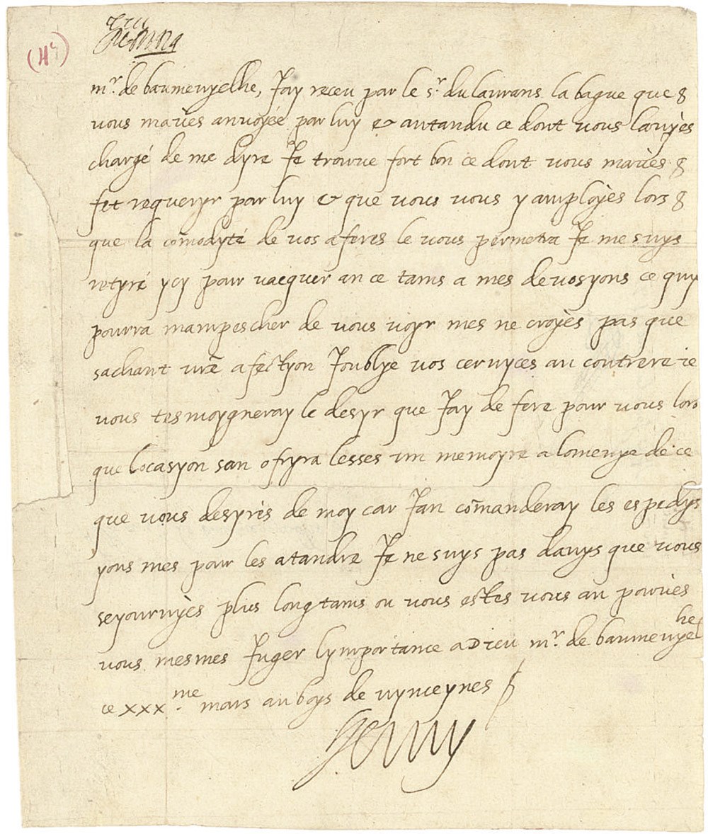 HENRI IV (1589-1610), King of France. Autograph letter signed to Monsieur de Baumevielle, 'au boys de vynceynes', 30 March [1602], acknowledging a ring sent by hand of Seigneur Laurens, adding that 'Je me suys retyré ycy pour vacquer an ce tams a mes devosyons ce quy pourra mampescher de vous voyr', but he has not forgotten his correspondent's services and will recompense them in time, one page, 4to.