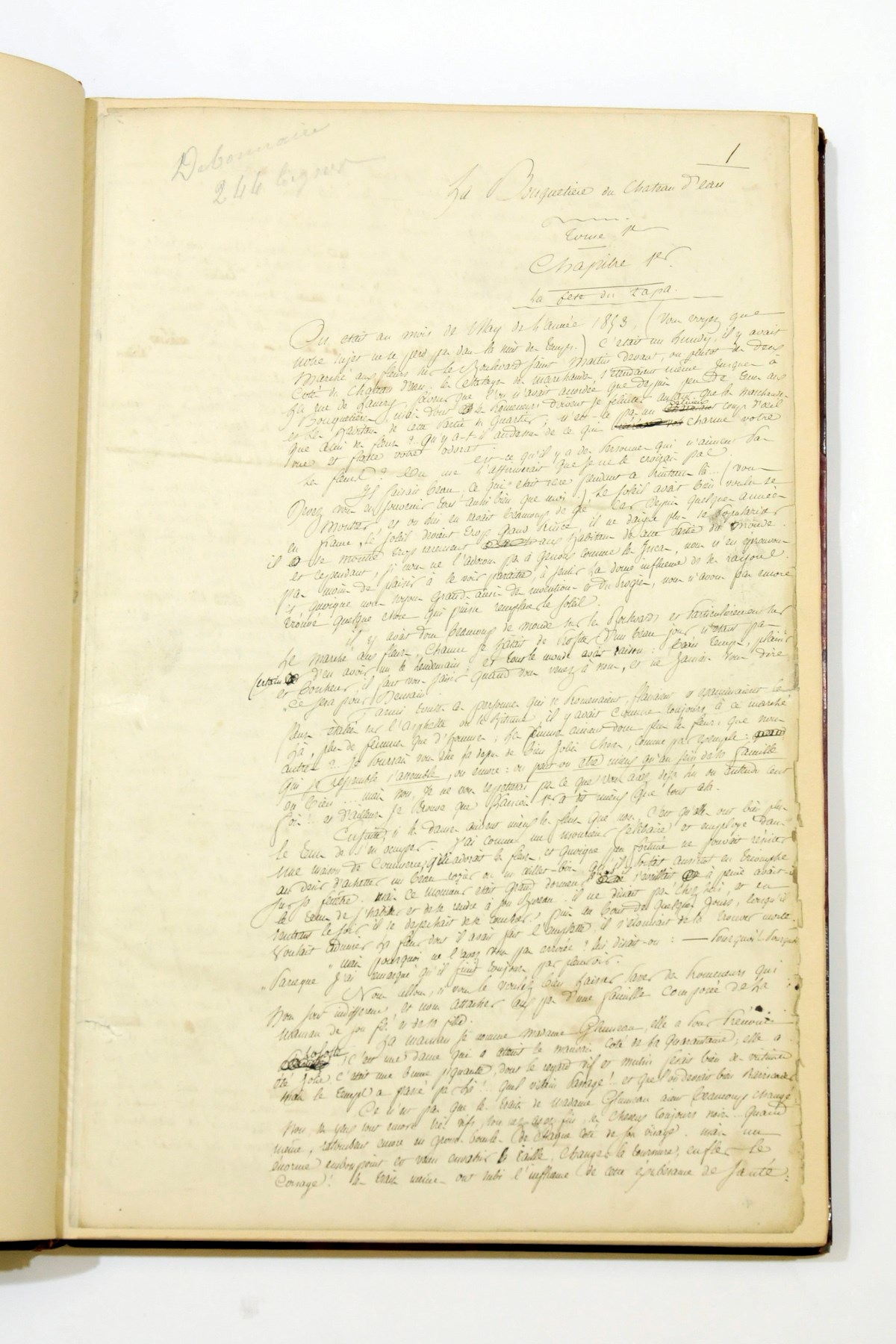 KOCK, Paul de (1793-1871). Autograph manuscript of his novel La Bouquetière du Chateau d'Eau, [1855], 160 pages, folio (365 x 230mm), tipped into an album, half red morocco; [with] an autograph letter signed by de Kock to an an unidentified correspondent who had met his daughter on an omnibus, 1 November 1866, one page, 8vo.