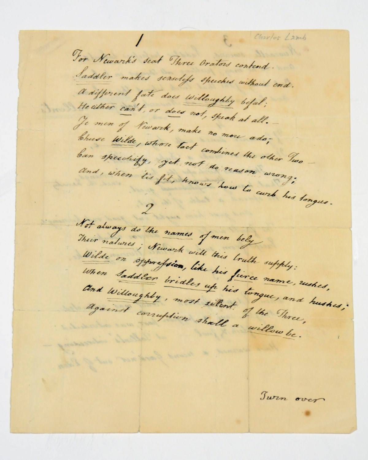 LAMB, Charles (1775-1834). Autograph manuscript, a poem, 'For Newark's seat Three Orators contend', n.d. [July 1830], a neat copy with one autograph emendation, 30 lines on 2 pages, 4to.
