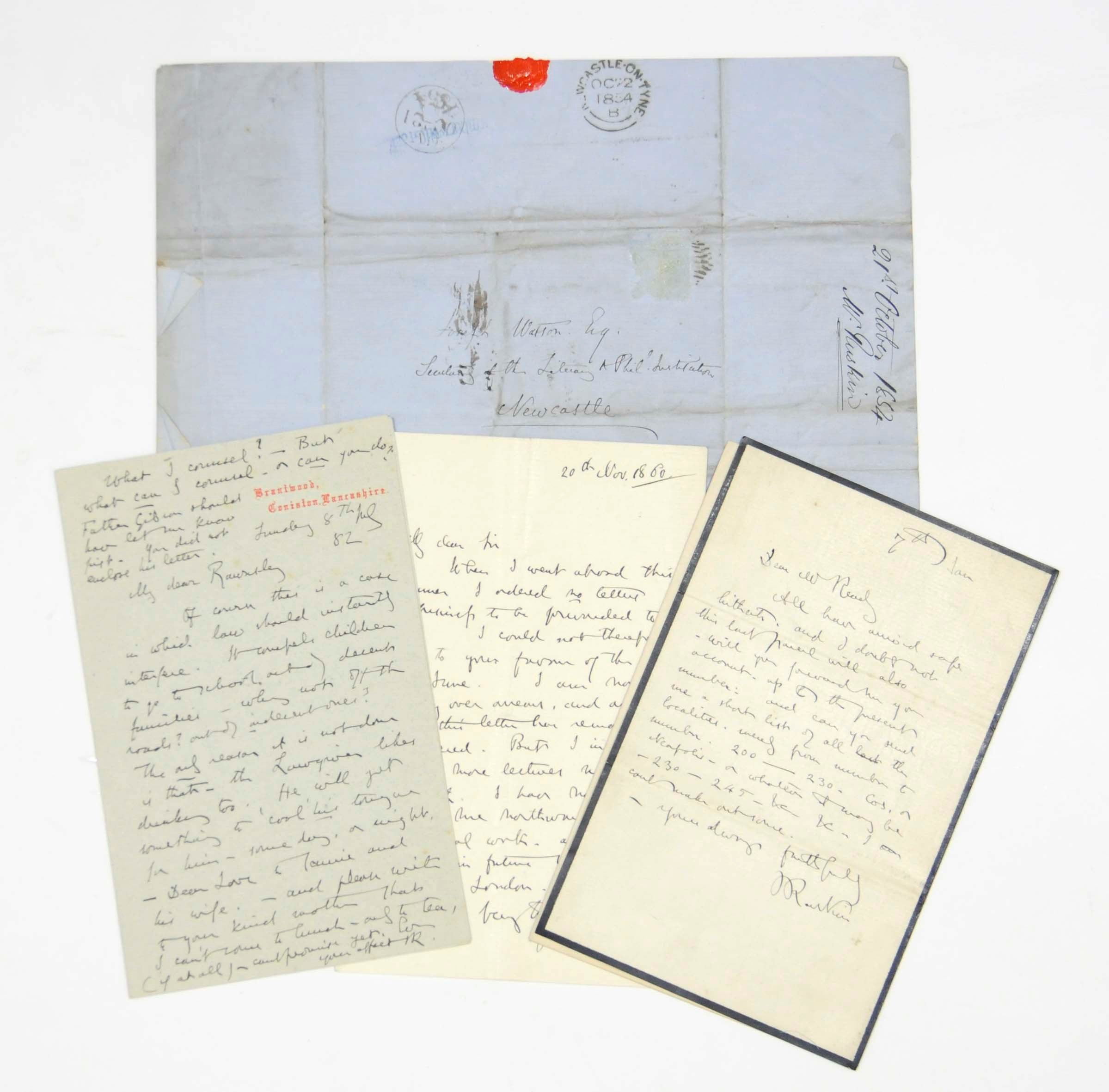 RUSKIN, John (1819-1900). Seven autograph letters signed, to Joseph Watson [Secretary of the Literary and Philosophical Society, Newcastle], Mrs Scott, [Hardwicke] Rawnsley, William Tallack, Mr [Revely] and unknown recipients, Denmark Hill, Brantwood, Broadlands and n.p., 21 October 1854 - 8 July 1882 and n.d., together approximately 4½ pages, 8vo and 4to; two envelopes.