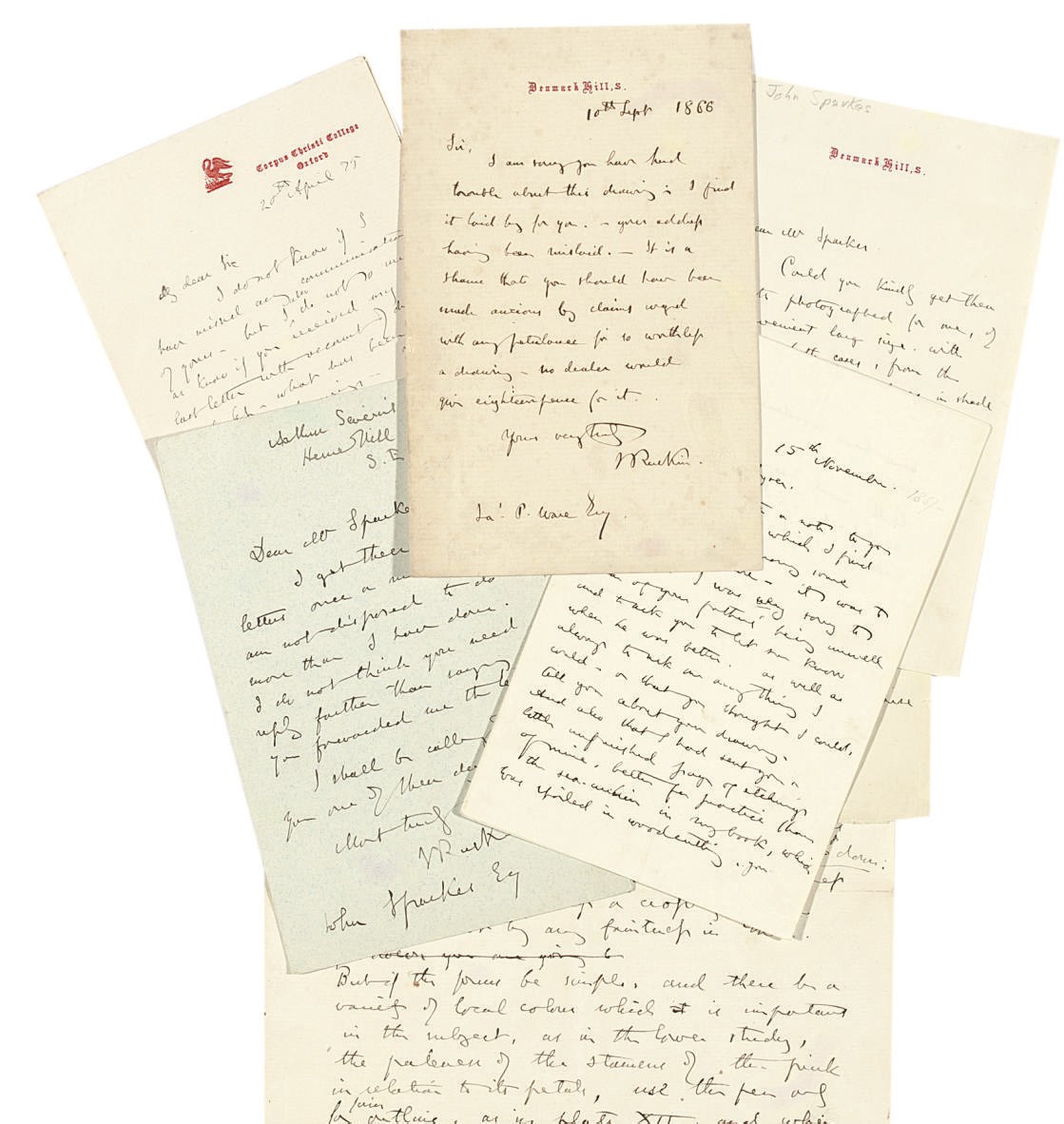 RUSKIN, John (1819-1900). Five autograph letters signed to Miss Pryer, James P. Ware, John Sparkes (head of the National Art Training School at South Kensington) and the Secretary of the Artists Institution of Birmingham, Denmark Hill, 'Arthur Severn's, Herne Hill' and Corpus Christi College, [1857]-1875 and n.d., and two autograph manuscript fragments (one with a cut signature laid down), together approximately 7½ pages, 8vo and 4to.