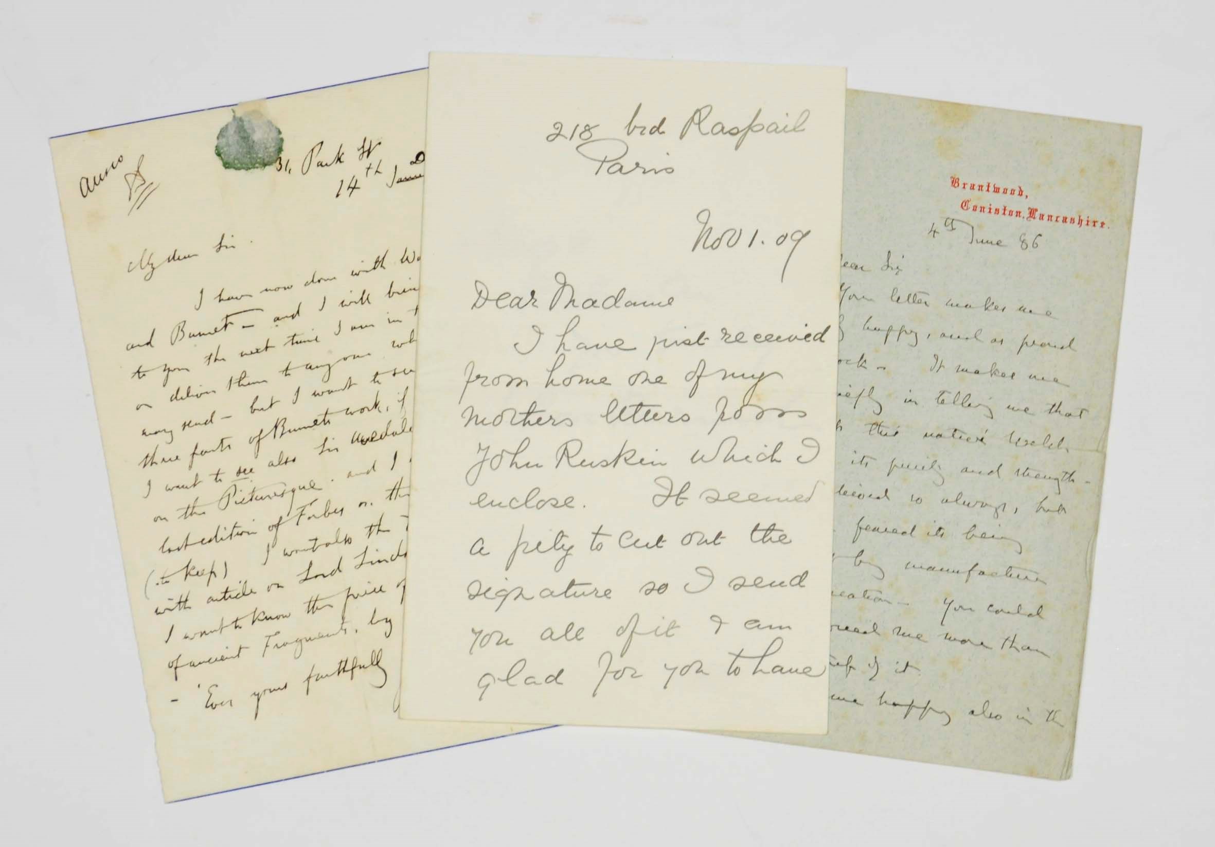 RUSKIN, John (1819-1900). Five autograph letters signed to Benjamin Vincent, Mrs Barnard, Olwen Edwards, Alexander Edmonston and an unknown recipient, Denmark Hill, Corpus Christi, Brantwood and Park Street, 23 October [?1870] - 4 June 1886, and n.d., and an autograph manuscript draft, together approximately 7 pages, 8vo and 4to; one envelope (partly laid down).