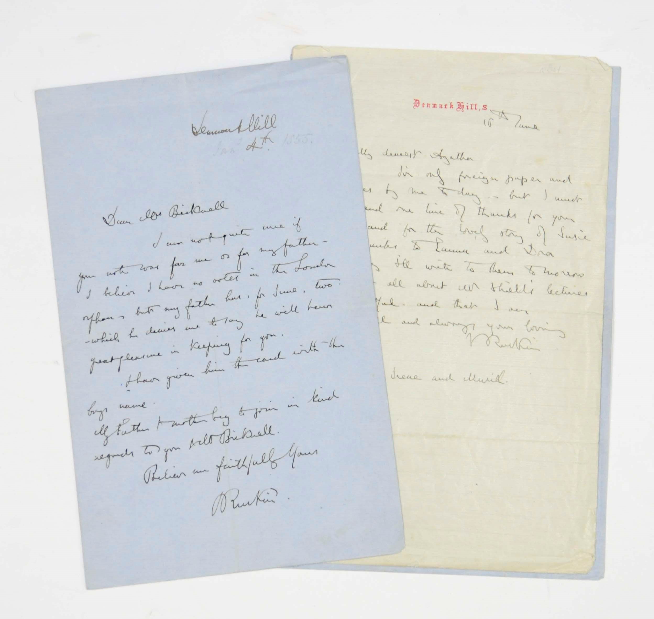 RUSKIN, John (1819-1900). Seven autograph letters signed, to Annie, Agatha, Mrs Bickwell, Miss Mackenzie, Miss Cooke, Denmark Hill, Chepstow, Brantwood and n.p., [1855]-1876 and n.d., together approximately 8 pages, 8vo (one letter neatly torn in two), and a letter by Ruskin's mother, Margaret, to Joanna [Agnew] (her companion), 16 June 1865.
