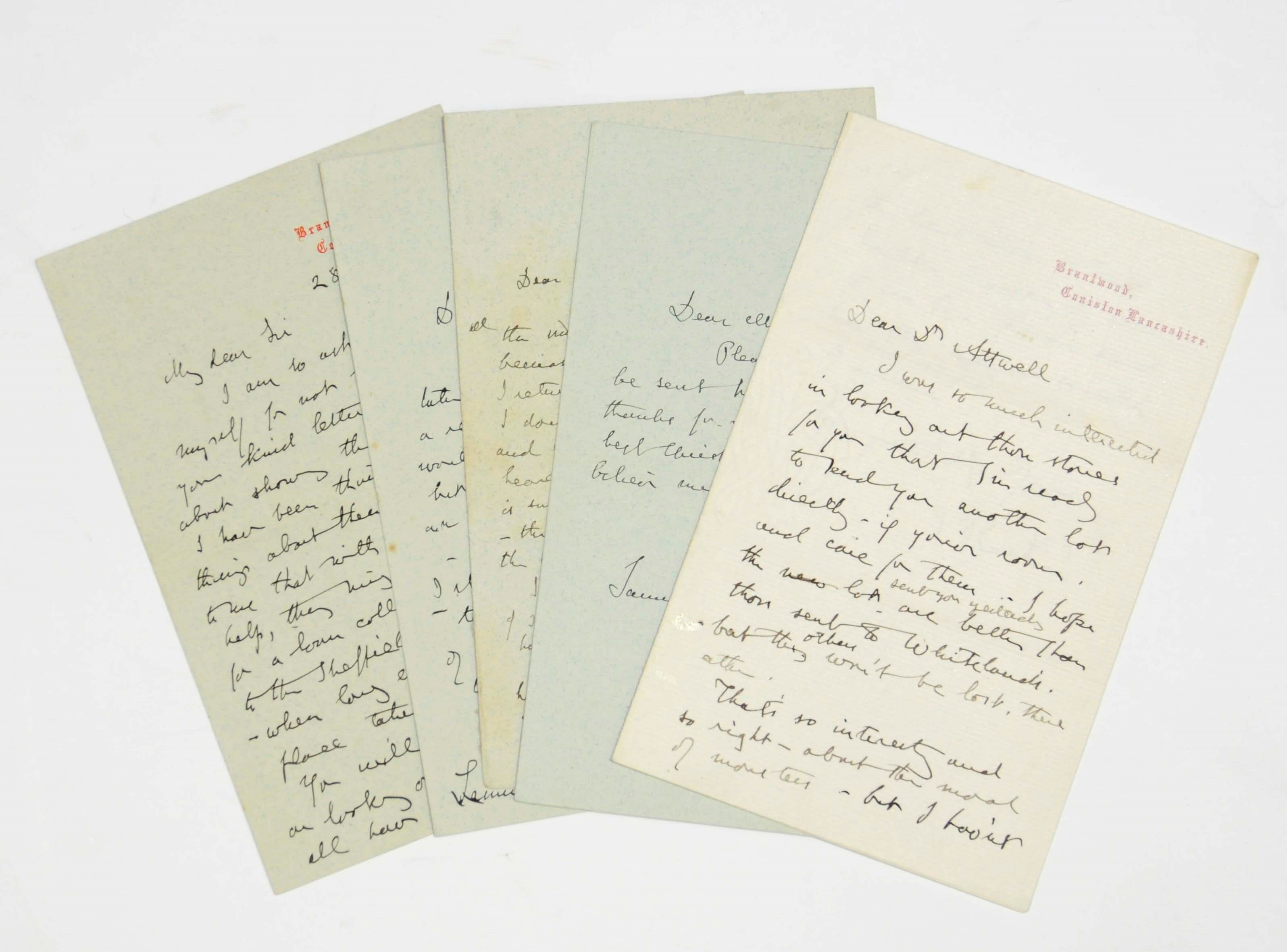 RUSKIN, John (1819-1900). Eleven autograph letters signed, to Samuel Learoyd (5), Miss Miller, Charles H. Woodd, S.H. Holden, Dr [Henry] Attwell, Dixon and Butler, Brantwood, Herne Hill, Venice, 20 June 1877 - Christmas 1886 and n.y., together approximately 14 pages, 8vo, with 8 envelopes.