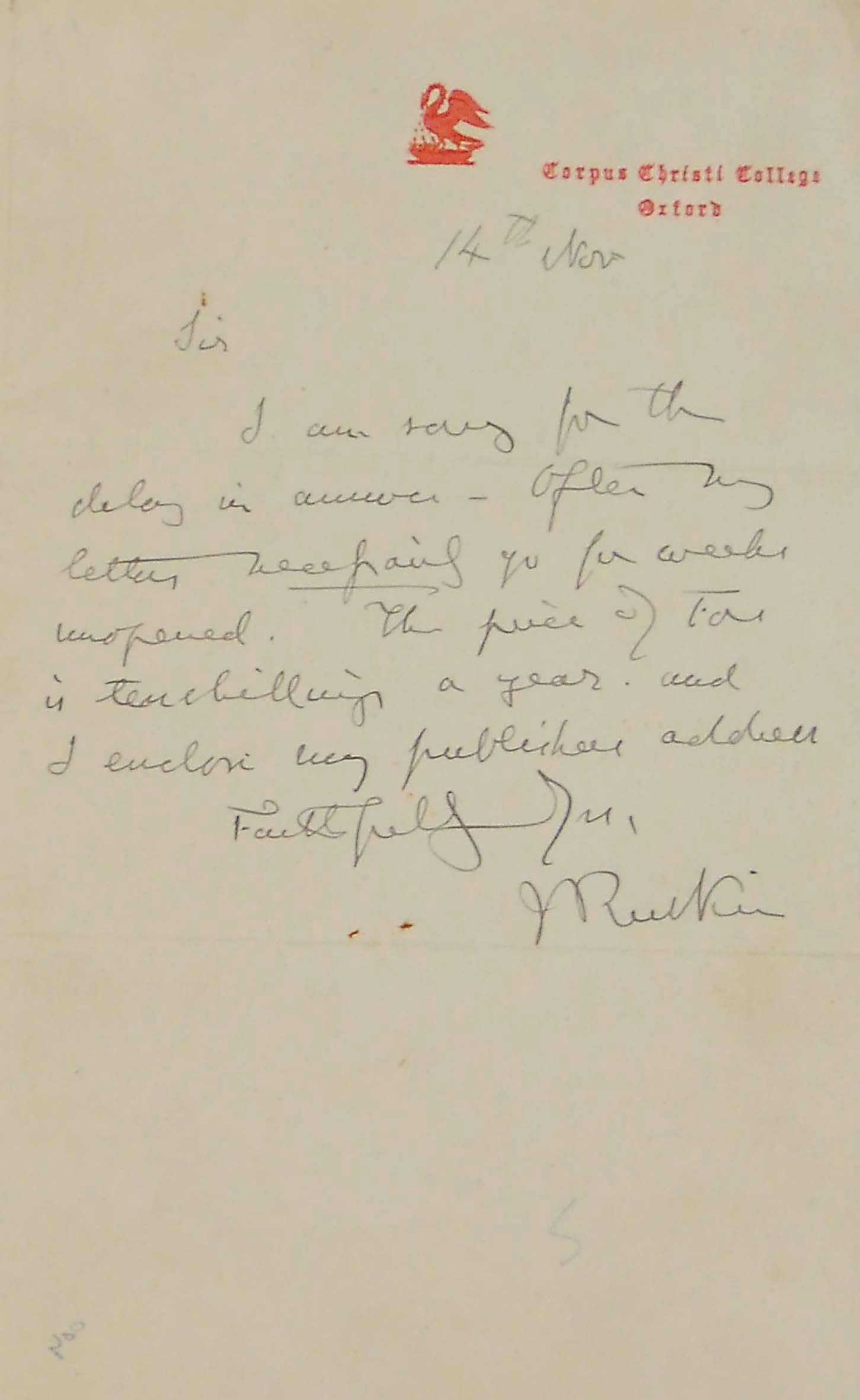 RUSKIN, John (1819-1900). Seven autograph letters signed, to F.M.T. Jones, Mrs Hewitt, Mrs Hibbert and unknown recipients, Brantwood, Corpus Christi College and n.p., 1873-1881 and n.d., on his own letters ('they seem to me very stupid & careless. Were I writing now, I should be more sparing of words'), on catching up with neglected correspondence ('I was not in town ... I should gladly have looked at the picture you speak of'), on domestic matters at Brantwood and on a codicil to a will, together approximately 7 pages, 8vo; with one envelope.	 (7)