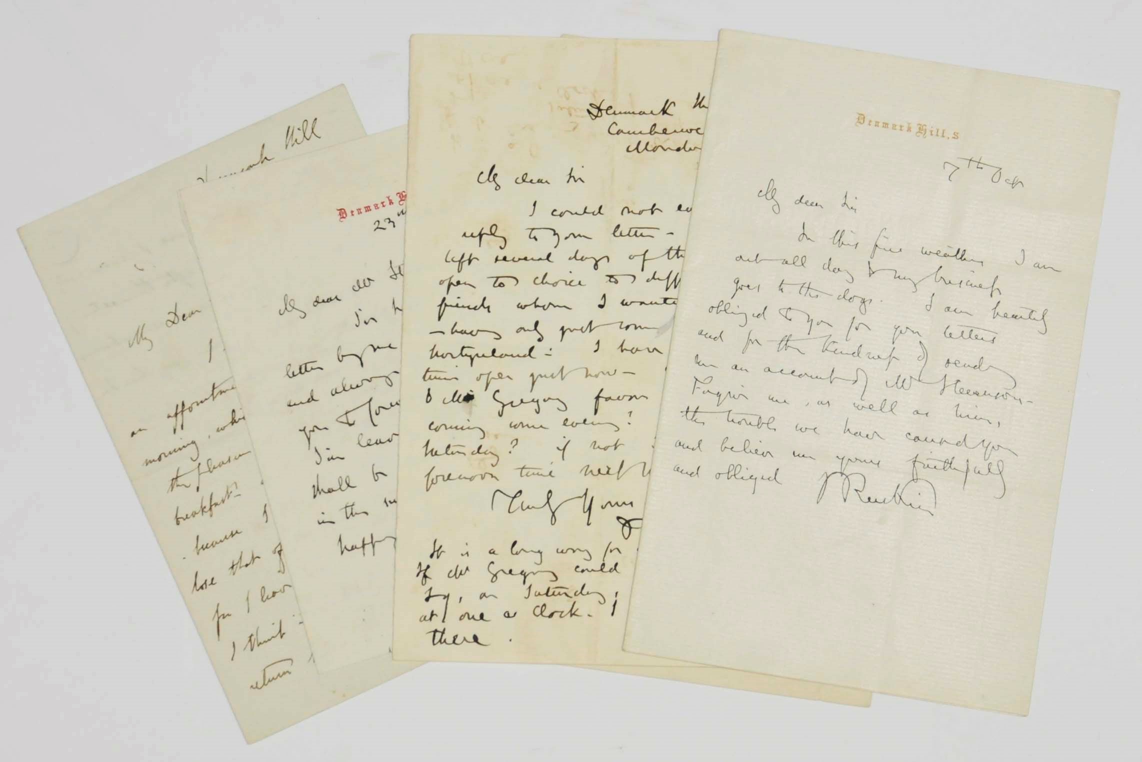 RUSKIN, John (1819-1900). Six autograph letters signed, to Mr Stowe, Mr [?Monckton] Milnes and to unknown recipients, Denmark Hill and n.p., 23 April, 16 June and 1 October n.y., dealing with overdue correspondence and arrangements for appointments ('In this fine weather I am out all day & my business goes to the dogs'), together approximately 6½ pages, 8vo. 	 (6)