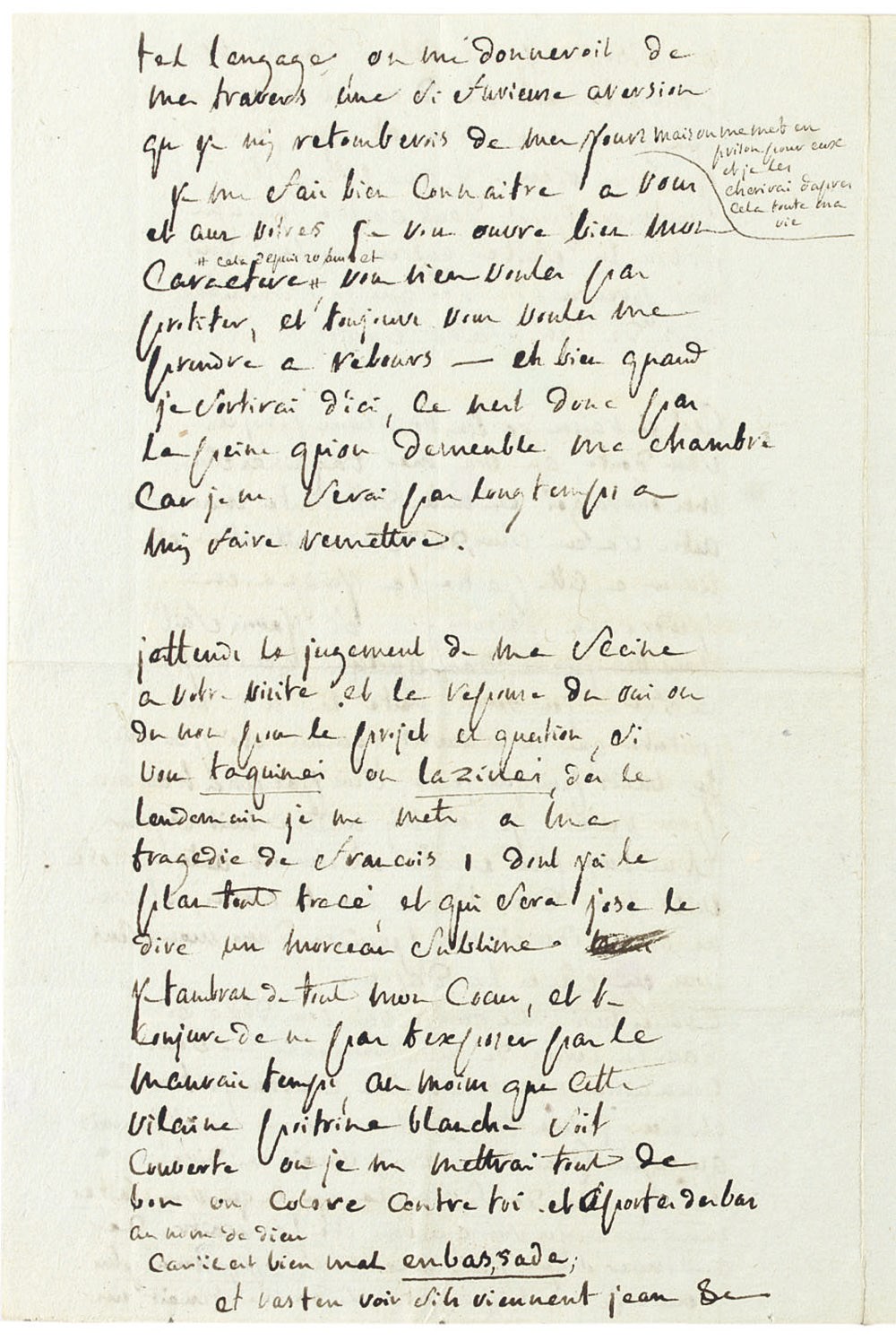SADE, Donatien Alphonse François, Marquis de (1740-1814). Autograph letter signed (with a complicated and untranslatable pun on his obsession with embassies, 'Et aportes des bas au nom de dieu  Car il est bien mal en bas, sade'), to his wife ('ma chere amie'), n.p. [Vincennes], n.d. [February 1784], 4 pages, 8vo.