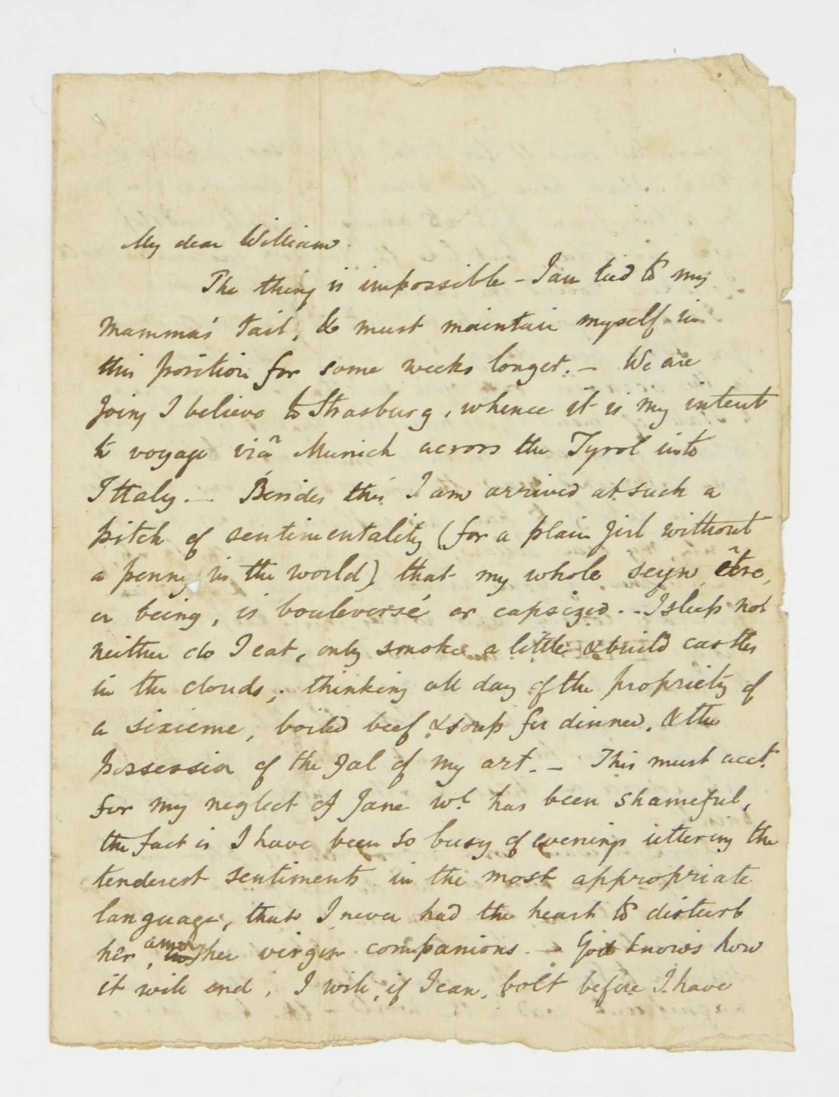 THACKERAY, William Makepeace (1811-1863). Autograph letter signed ('W.M. Thackeray') to his cousin William Ritchie, 1 rue des Beaux Arts, [Paris], [August 1835], including a small drawing of 'Jeanette on the Boulevards', three pages, 4to, integral address panel; [with] an autograph note signed to 'Macpherson', n.d., enclosing, as a contribution to 'Miss Edmonstone's Album', a transcription of 'Horace on Myrtle' in Latin with a mock-translation as 'Titmarsh on Mutton', one page, 8vo, integral blank, laid down; [and] an autograph manuscript signed of a poem, 'Doctor Luther', n.d., 25 lines on one page, 4to, the verso bearing printed heading of Bininger & Cozzens, Importers of Brandies, Wines, Liquors, Segars &c, New York.