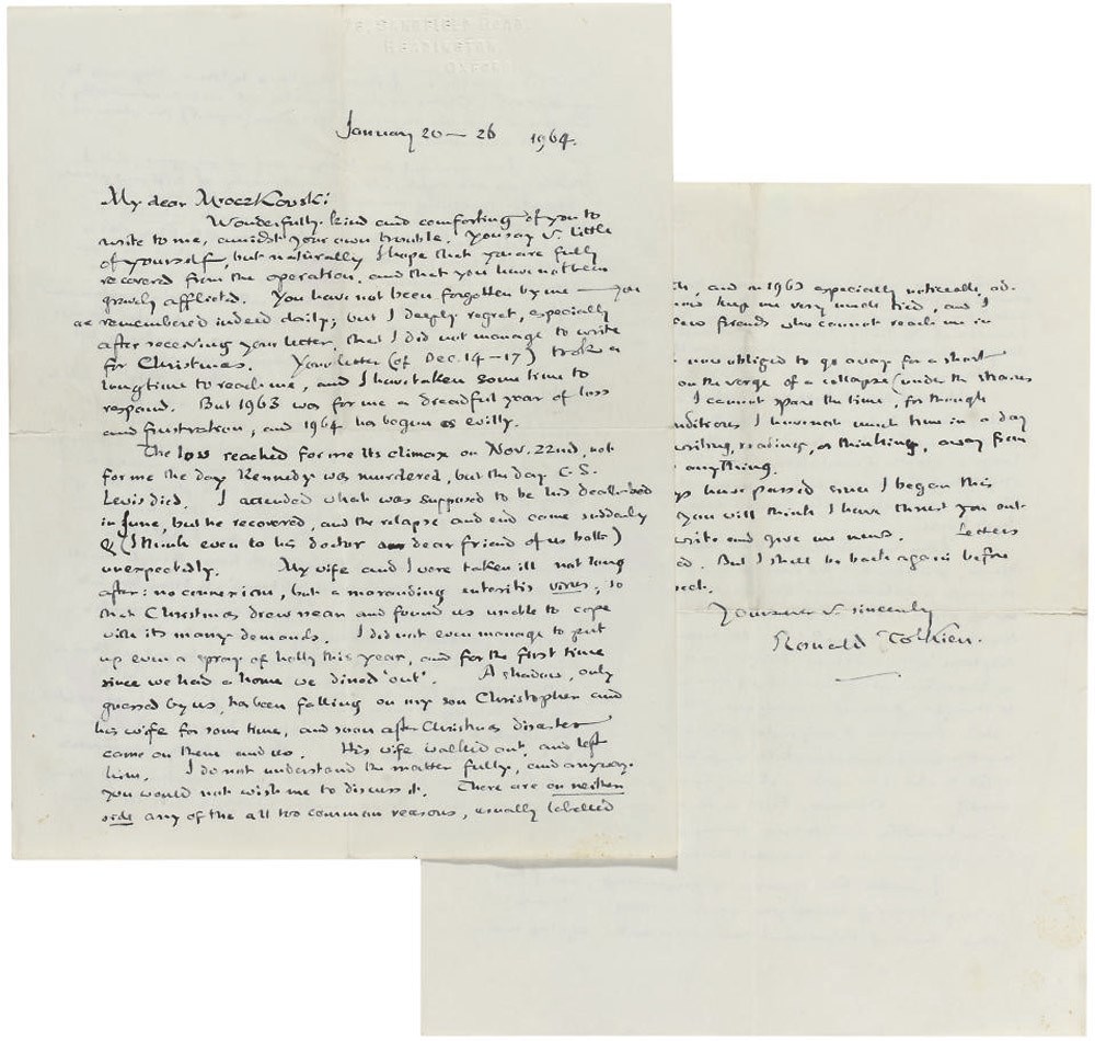 TOLKIEN, John Ronald Reuel (1892-1973). A series of eight autograph letters signed and one typed letter signed ('J.R.R.T.', 'J.R.R. Tolkien', 'Ronald Tolkien', one unsigned) to Professor Przemyslaw Mroczkowski, one to Mrs Mrockzkowska, Bournemouth, Headington and n.p., 2 August 1946 - 10 April 1969, together 13 pages, 8vo and 4to, in autograph, and 2 pages, 4to, typescript, envelope; with a typescript of an essay by Mroczkowski on the New Robinson Chaucer with very extensive corrections in Tolkien's hand, commentary at the end on approx 2 pages, 4to; [with] two autograph letters signed to the Mroczkowskis by C.S. Lewis, 8 March and 13 May 1958, arranging a meeting and discussing a Polish translation of one of his books, 1½ pages, 8vo and 4to. Provenance: by descent from the recipients.