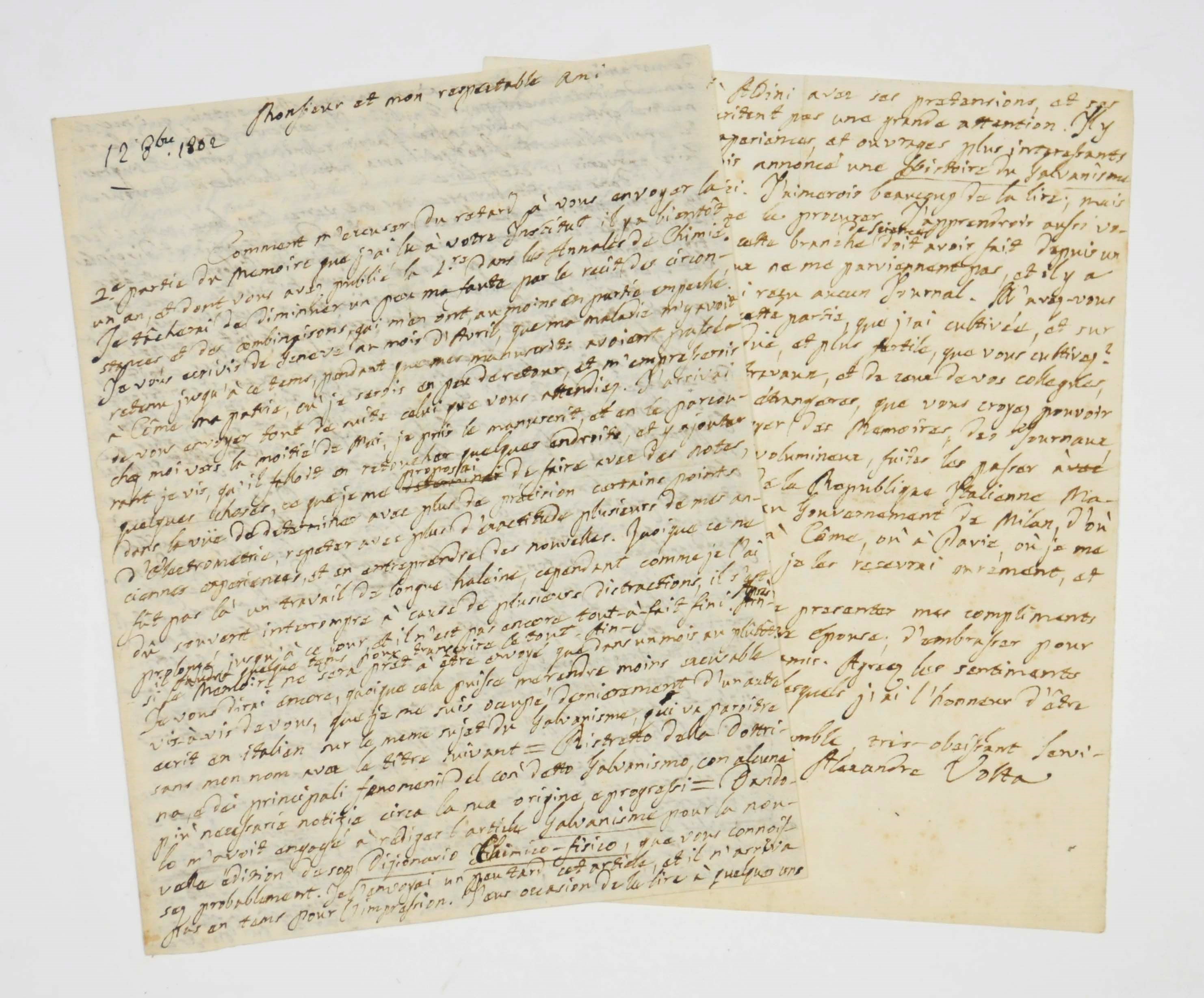 VOLTA, Alessandro (1745-1827). Autograph letter signed to an unidentified correspondent [Claude-Louis Berthollet], Como, 12 October 1802, in French, 5 pages, small 4to.