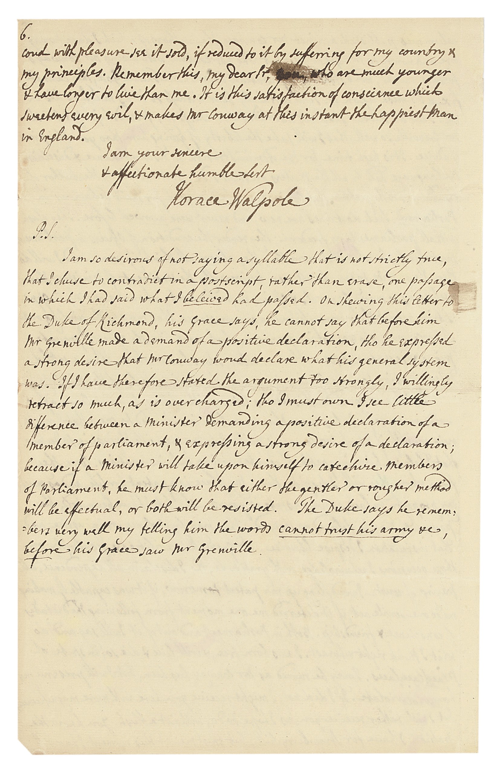 WALPOLE, Horace, 4th Earl of Orford (1717-1797). Autograph letter signed ('Horace Walpole') to [Thomas Pitt, 1st Baron Camelford], Strawberry Hill, 5 June 1764, in brown ink, including a long postscript on the last page, 6 pages, folio, integral leaf. Provenance: Thomas Pitt to George Grenville; Grenville papers deposited at Stowe; sold by 2nd Duke of Buckingham and Chandos to Edwin James (his attorney) who sold the letter to John Murray, 1851; Sotheby's sale, 11 May 1970 (lot 231).
