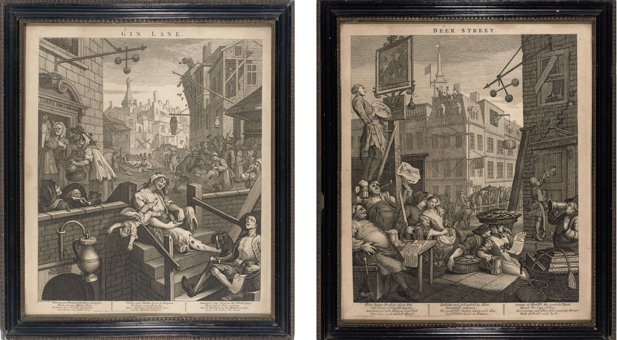 DICKENS, Charles - William HOGARTH (1697-1764). 'Gin Lane. - Beer Street.' [London: Boydell, or Heath, 1759]. 2 etchings with engraving, both in 4th state [Paulson 185a, 4; 185b, 4], plate c.390 x 325mm, framed and glazed to c.470 x 403mm. (Lightly browned, frames chipped.) Provenance: CHARLES DICKENS (bookplate on frame versos), by descent to his son, Charles Dickens - Edmund Yates (sale 1894, bought by:) - Edgar Cohen (printed notice from the Times on frame versos) - Thomas McLean, printseller and publisher (d. 1908; printed label on frame versos).