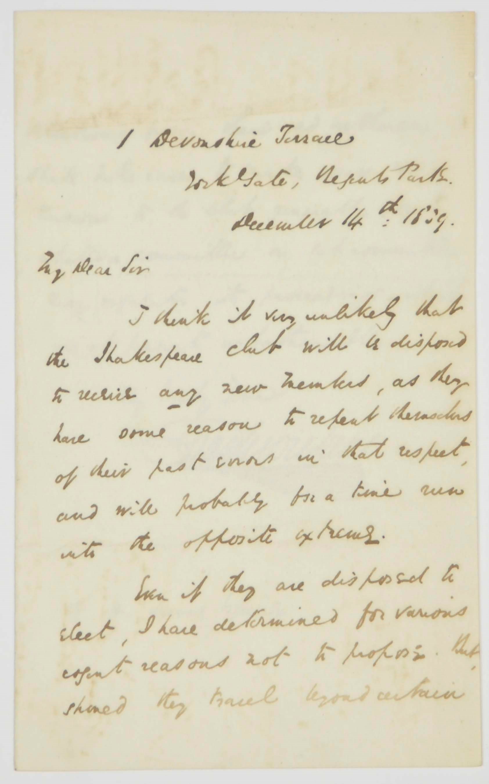 DICKENS, Charles. Autograph letter signed to G.H. Lewes, 1 Devonshire Terrace, York Gate, Regents Park, 14 December 1839, two pages, 8vo (very slight browning to first page, mainly to upper margin).